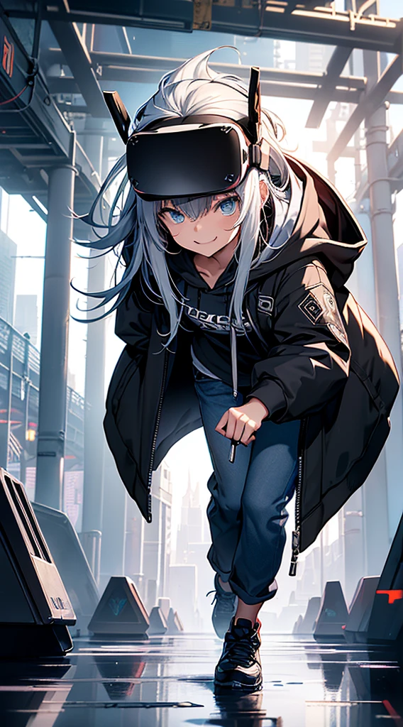 top-quality、Top image quality、​masterpiece、teens girl((Blue Hoodie、black trousers、18year old、 Ager、Best Bust、big bast,Beautiful light blue eyes, Long silver hair、A slender,Large valleys、Reflecting the whole body、Leaning forward、Attach the VR visor to your eyes、I have a VR stick controller、Excited face、play VR)),hiquality、Beautiful Art、Background with(( Cyber World)))、masutepiece、depth of fields,