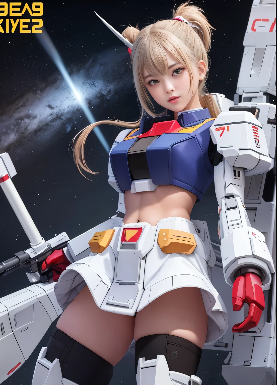 (top quality), (masterpiece), personification of Mobile Suit Gundam F91, nsfw, great highlights of the upper body, powerful mechs, girl with beam rifle, baby face, beautiful eyes, modest nose, neatness, absolute area, moist wet and slightly thick thighs, dignified full-body pose, open legs, short skirt,