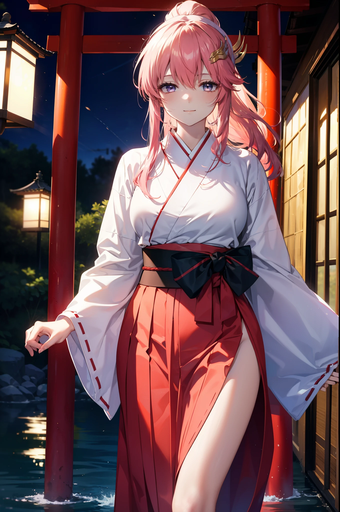 Lacas Klein, Klein Lake, (Purple eyes:1.1), hair ornaments, Long Hair, wave hair ornaments, Pink Hair, smile,Platycodon grandiflorum,Miko, White Kimono,Red Hakama ,White tabi,Sandals,kimono, As with the skirt, Wide sleeves, Long sleeve,Ribbon-trimmed sleeves, Low ponytail, Daytime,Clear skies,
Watching the audience, Are standing,
break looking at viewer, (Cowboy Shot:1.5),
break outdoors, null間, star \(null\), sun,
break (masterpiece:1.2), highest quality, High resolution, unity 8k wallpaper, (figure:0.8), (Beautiful fine details:1.6), Highly detailed face, Perfect lighting, Highly detailed CG, (Perfect hands, Perfect Anatomy),