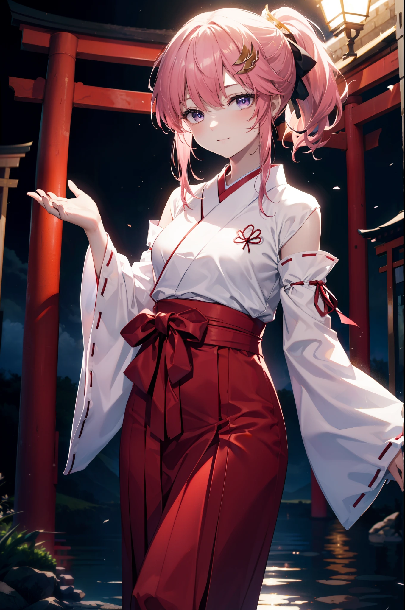 Lacas Klein, Klein Lake, (Purple eyes:1.1), hair ornaments, Long Hair, wave hair ornaments, Pink Hair, smile,Platycodon grandiflorum,Miko, White Kimono,Red Hakama ,White tabi,Sandals,kimono, As with the skirt, Wide sleeves, Long sleeve,Ribbon-trimmed sleeves, Low ponytail, Daytime,Clear skies,
Watching the audience, Are standing,
break looking at viewer, (Cowboy Shot:1.5),
break outdoors,shrine,torii,
break (masterpiece:1.2), highest quality, High resolution, unity 8k wallpaper, (figure:0.8), (Beautiful fine details:1.6), Highly detailed face, Perfect lighting, Highly detailed CG, (Perfect hands, Perfect Anatomy),