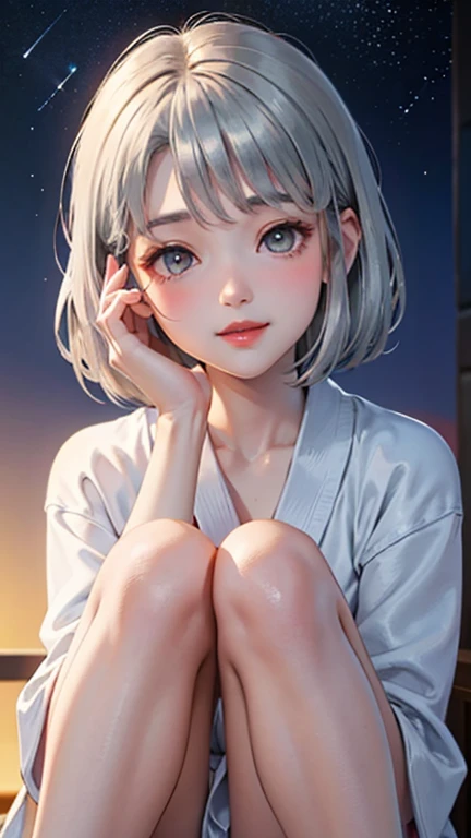 Blushing lightly and smiling, (Top quality masterpiece:1.2) Delicate illustrations, Very detailed, /Beautiful Japanese Woman、1 person,Very cute and slim、Excellent style 、((8K images、super high quality))、Very delicate face, Beautiful forehead、Beautiful thighs、Beautiful feet、Deep red lipstick,(((((short hair、Gradient Hair、Silver Hair))))),very cute、Kind eyes,(Bathrobes)、starry skies、Night view、Cafe、Date