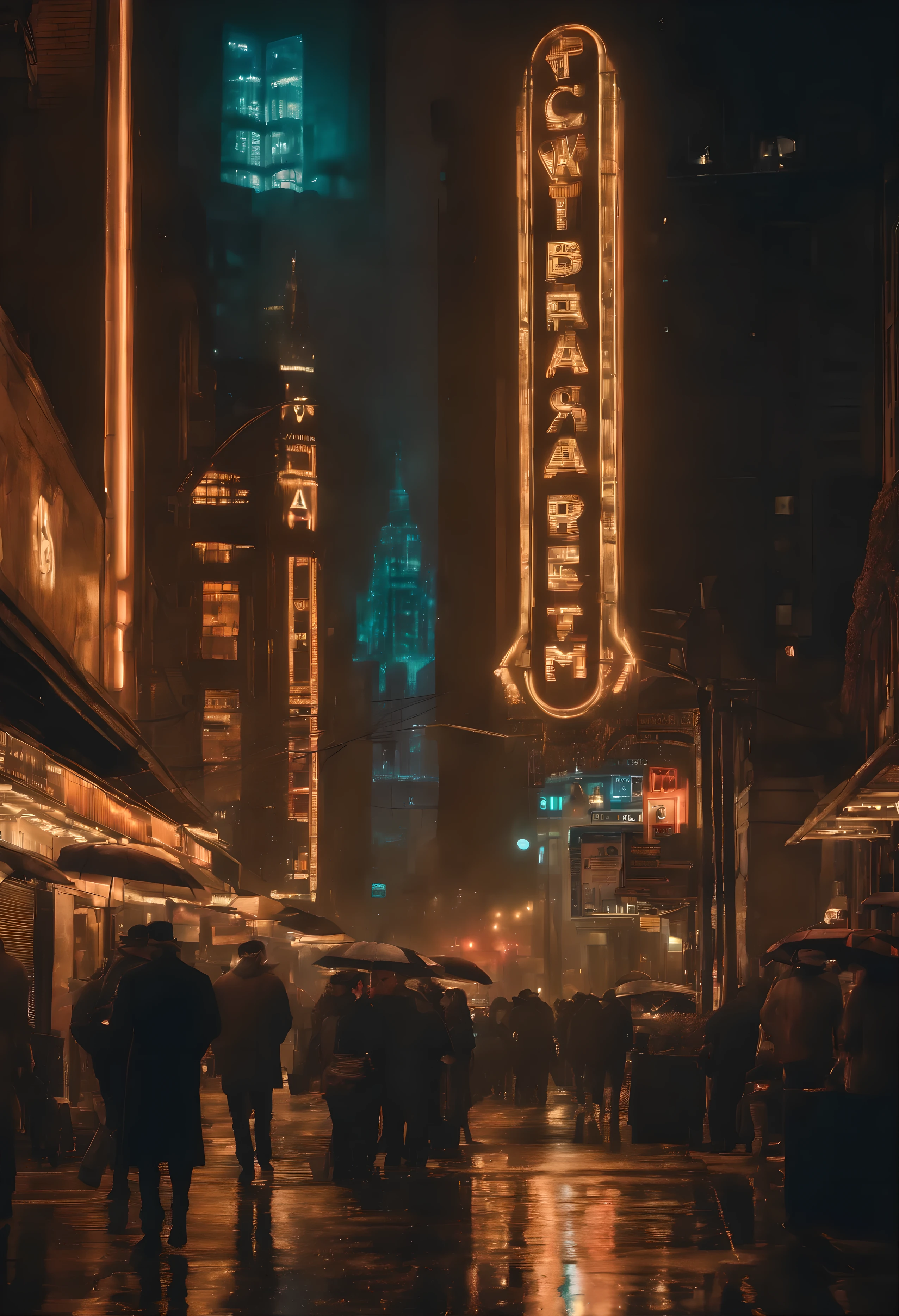 An urban landscape of a neon and stonework at night, bathed in the glow of art-deco aesthetics and surrounded by towering skyscrapers. The streets of the city are filled with streams of colorful lights, reflections and atmosphere.  The buildings rise high in the sky, adorned with holographic billboards and flashing neon signs that illuminate the city in a vibrant display of technological wonder.
Fantasy Art-Deco diesel-punk city, The streets are bustling with people. The hustle and bustle of the city is apparent as crowds move along the busy sidewalks. The air is filled with the sound of distant sirens and the hum of machines, immersive diesel-punk.

The streets reflect the neon glow as they navigate the labyrinthine streets with precision and purpose. The cityscape serves as the backdrop for anthro characters sulking i the shadows

As the rain continues to fall, rain coats the art-deco statues and lit neon signs, the 1940s architecture. Every reflection, every wet surface, and every glow of light is captured in ultra-detailed realism. The image quality is unparalleled, With the prompt demanding the best quality in 8K resolution it shows the intricacies of this cyberpunk metropolis in stunning clarity.

The color palette of the work is dominated by vibrant neon tones, casting an otherworldly glow on the city and its inhabitants. The juxtaposition of these bold colors against the darkness of the night sky creates a captivating visual contrast, Adding to the surreal and immersive experience.

The lighting in the scene is expertly crafted, with a focus on accentuating the city's dieselpunk aesthetic