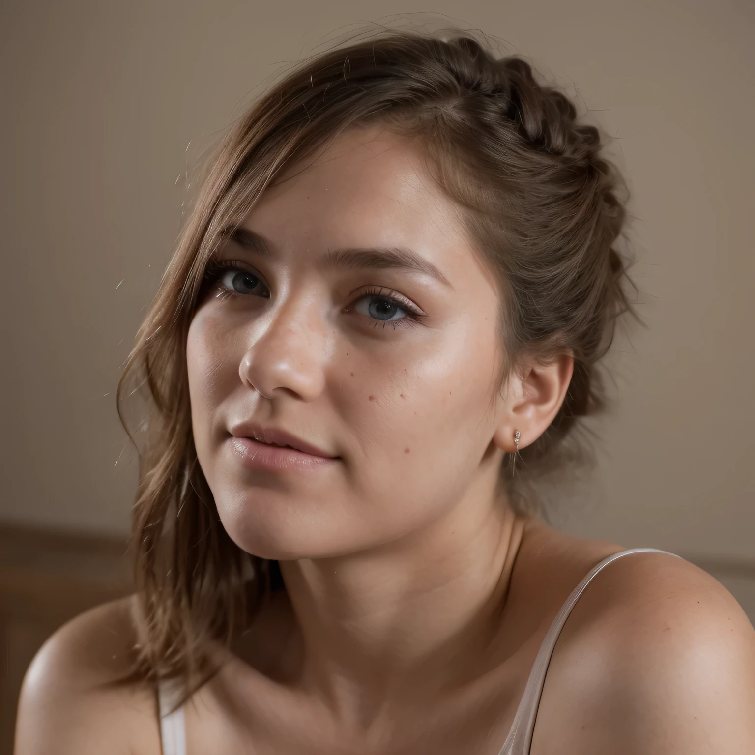 photo of a college student, in Desert Color Coarse Linen Pink,Desert Color Coarse Linen, (freckles:0.8) cute face, sci-fi, dystopian, detailed eyes, Heterochromia eyes（（Side view））