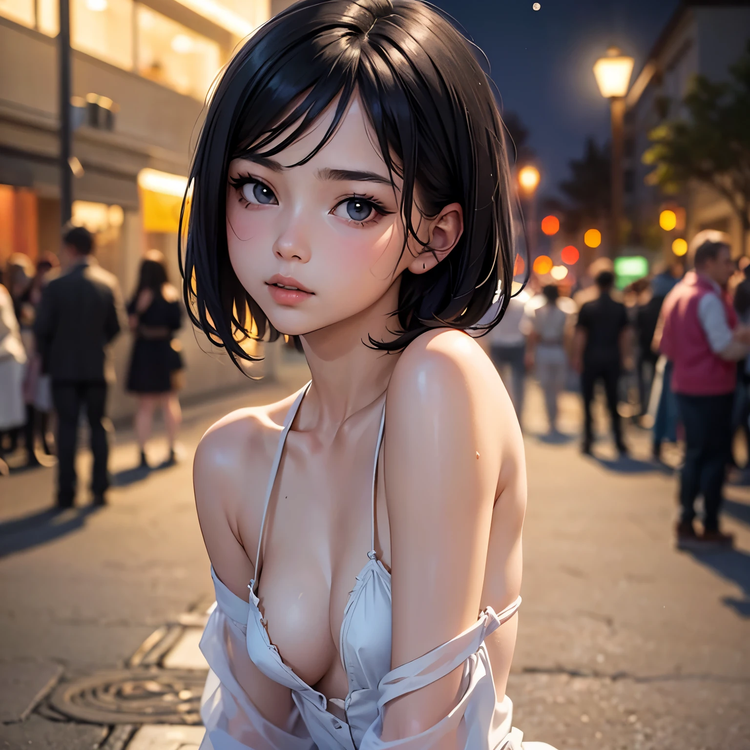 (Half Body Shot,Street lamp,moon),masterpiece, One girl, Solo Exhibitions, Beautiful woman on a busy street, Surrounded by peddlers, Beautiful Goddess Girl Portrait, Beautiful and elaborate face, Porcelain-like skin, (((Bust Shot, center, night, Black Hair, short hair)), Very soft lighting, Symmetric, complicated, grace, Attention to detail, realism, art, concept art,