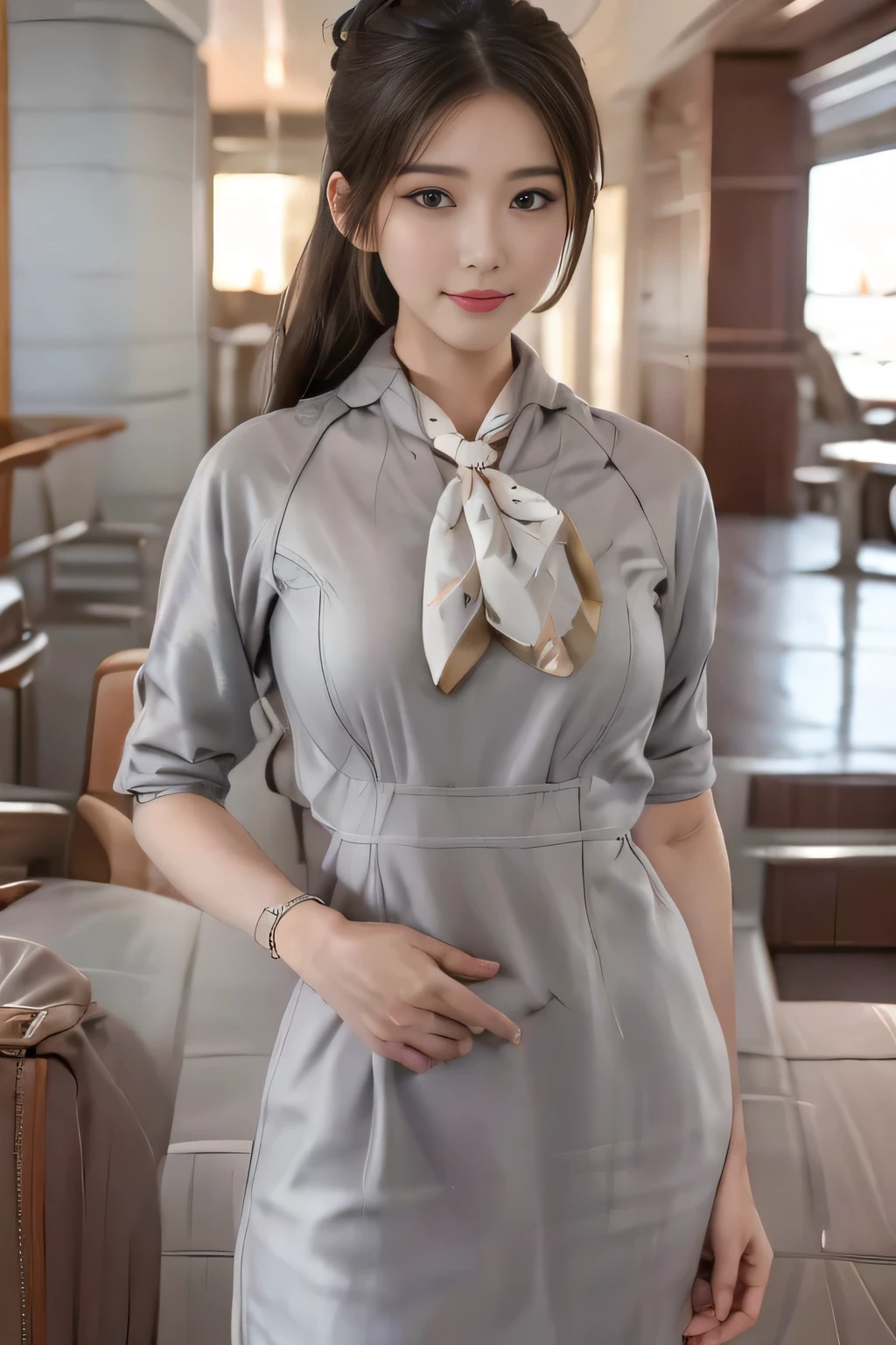 (masterpiece:1.2、highest quality:1.2)、32K HDR、High resolution、(alone、1 girl、Slim figure)、（Realistic style with Starlux Airlines uniform）、 (In the airport lounge, Professional Lighting)、A proper woman, Beautiful Face,、（Starlux Airlines silver uniform:1.4）、（Starlux Airlines silver uniform with short sleeves）、（scarf on chest）、Big Breasts、（Long hair updo、Evening updo）、Dark brown hair、Long Shot、（（Fine hand：2.0））、（（Harmonious body proportions：1.5））、（（Normal limbs：2.0））、（（Normal finger：2.0））、（（Delicate eyes：2.0））、（（Normal eyes：2.0））)、Beautiful standing posture