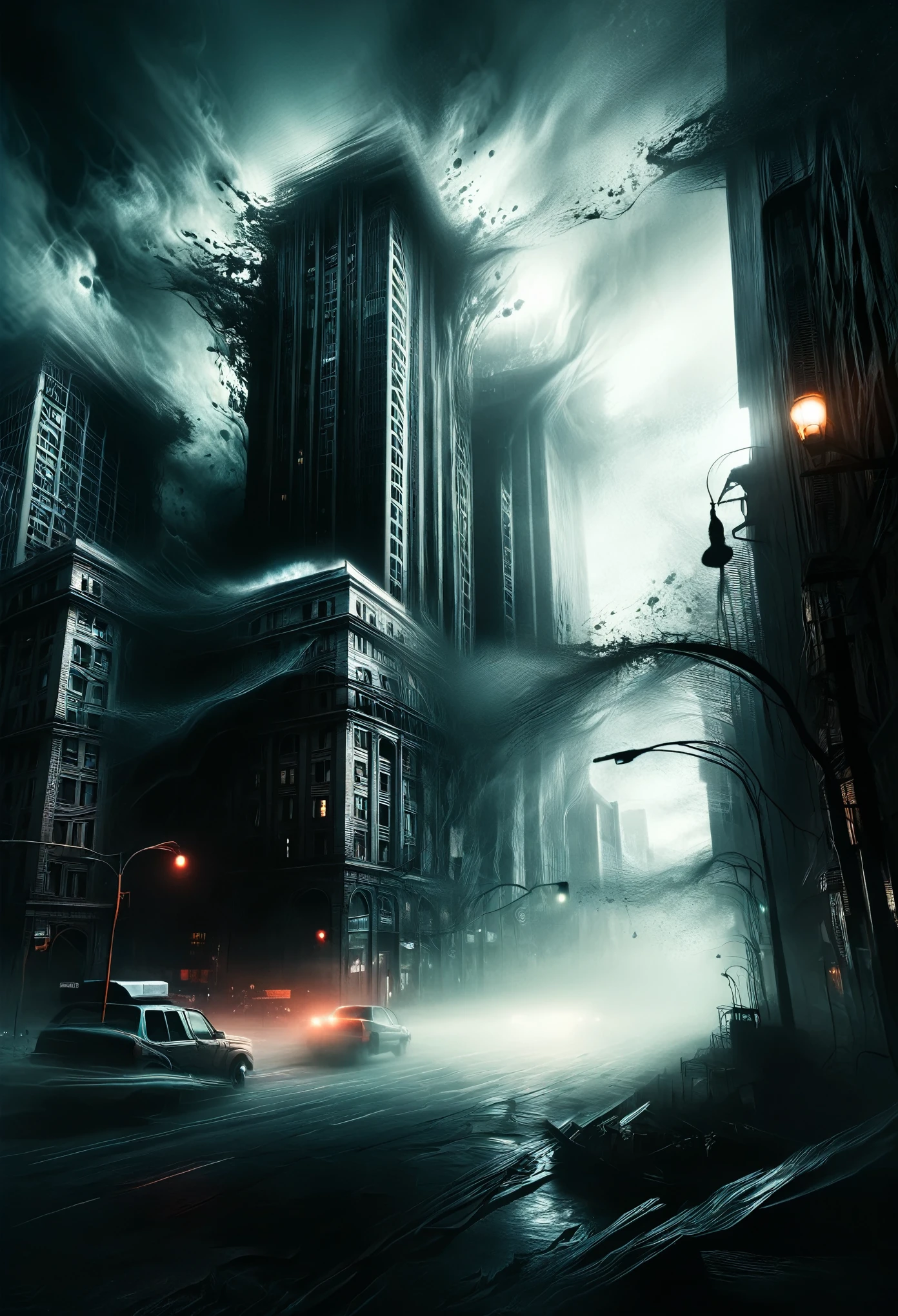 A dystopian cityscape engulfed in eerie shadows, where towering buildings twist and contort like monstrous entities, their sinister glow casting an unsettling ambiance.