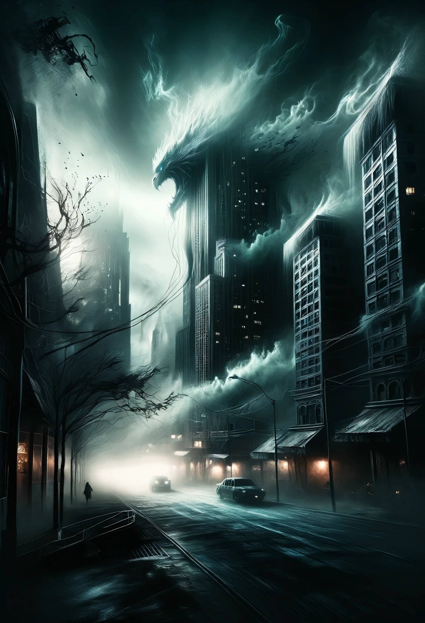 A dystopian cityscape engulfed in eerie shadows, where towering buildings twist and contort like monstrous entities, their sinister glow casting an unsettling ambiance.