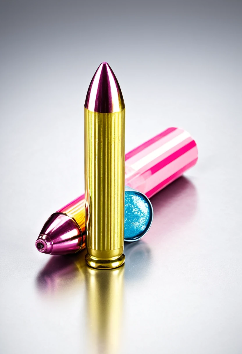 Picture a ballistic ammunition transformed into a delectable treat, wrapped in candy-like paper. The bullet's head gleams with a metallic coating, suggesting its lethal power, while the rest of its body is encased in colorful, shiny paper, as if straight out of a candy store. The candy wrapper is adorned with vibrant stripes and swirl patterns in shades of pink, blue, and yellow, reminiscent of classic confectionery delights. Light dances off the glossy surfaces, creating a sparkling, enticing effect. Even in its ammunition form, this bullet resembles more of an eye-candy than a threat, with its sweet aesthetic crafting a uniquely charming appearance.