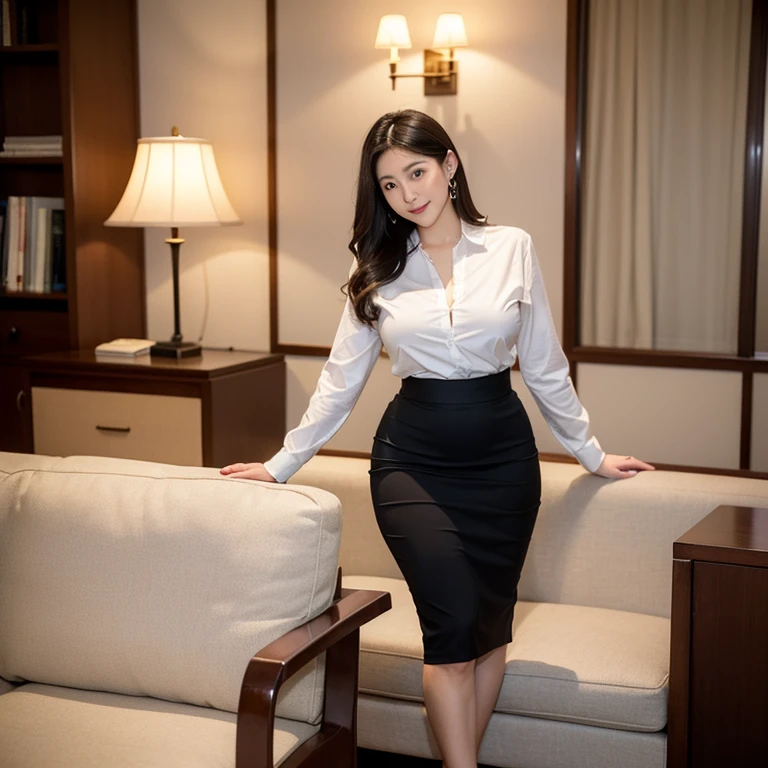 Japanese ,business woman, ((business suit, pencil skirt)), tights, huge breasts, voluptuous, thicc, curvy,(Looking at Viewer:1.3),(full body shot:1.2), (((Girl : show perfect body))), luxury living room, sofa, lamp, flower, blur background. 