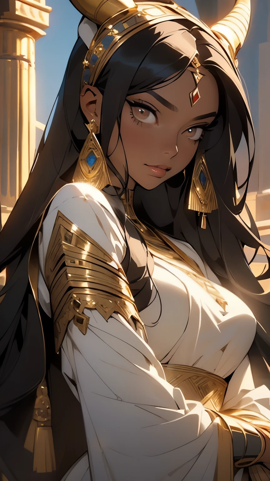 (masterpiece:1.2, best quality), (finely detailed beautiful eyes: 1.2), (finely detailed eyes and detailed face:1.3), (scenery :1.2), (extremely detailed CG, ultra-detailed, best shadow:1.1), ((depth of field)), beautiful concept illustration, (illustration:1.1), (extremely fine and beautiful:1.1), (perfect details:1.1), 1girl, sharp focus, black hair, light brown eyes, egyptian, wide hips, mature female, medium breasts, curvy, gold egyptian jewelry, royal gold, dark skin, ((devil girl)), [brown skin], [egyptian jewelry], ((brown skin)), (light brown eyes), ((horns)), [devil], [white dress], ((black hair)), (((1girl))), looking at camera, seductive