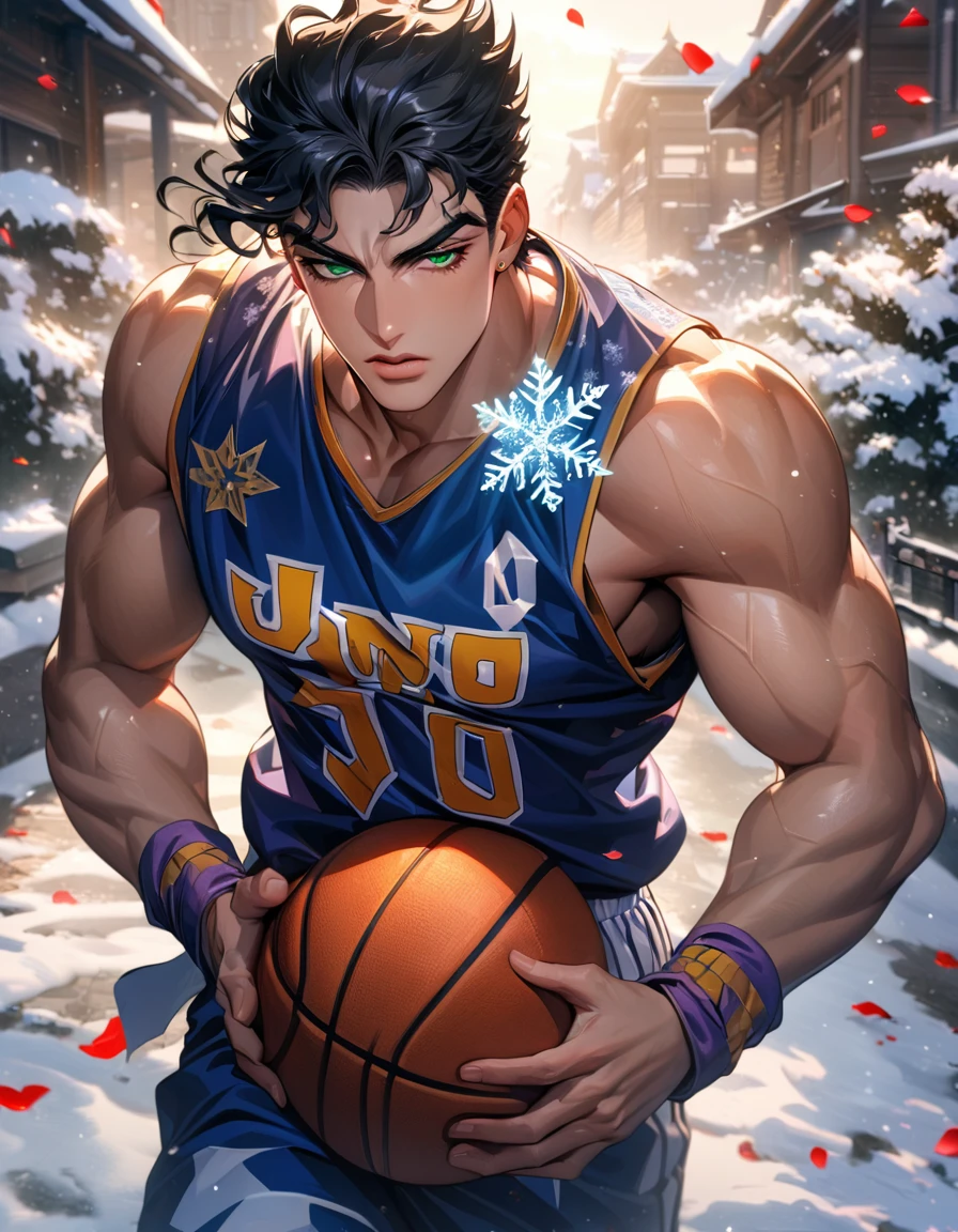 absurdres, highres, ultra detailed, HDR, masterpiece, extremely detailed face and eyes, Jotaro Kujo, black hair, expressive green eyes, jojo bizarre adventure, solo, sexy man, handsome, basketball uniform, winter, blossoms, petals, snow, snowflakes