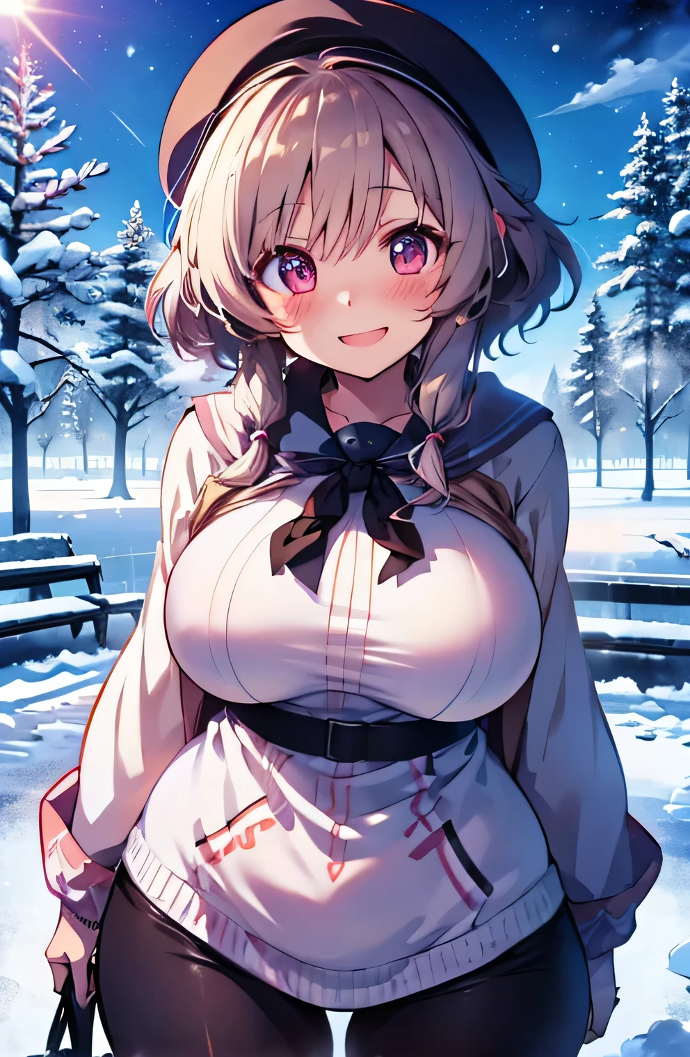 Anime illustration、highest quality、A short and voluptuous high school girl traveller、Airports in Snowy Regions、Perfect proportions、overwhelmingly big breasts、Beautiful, shining eyes、Blushed、smile、Cowboy Shot