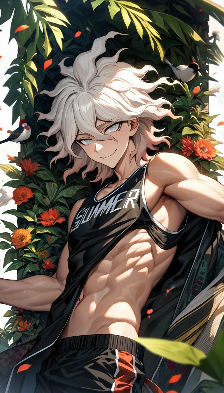 Ultra detailed, Highres, HDR, absurdres, Komaeda Nagito, white hair, expressive silver eyes, patterns, Danganronpa, black tight shirt,  man, handsome, solo, extremely detailed face and eyes, petals, green leaves, summer, birds, toned , master piece, basketball uniform, smirking