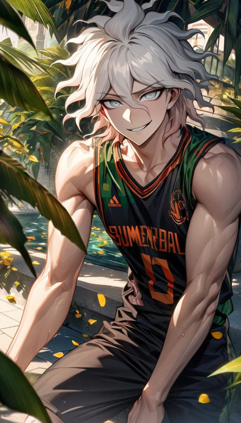Ultra detailed, Highres, HDR, absurdres, Komaeda Nagito, white hair, expressive silver eyes, patterns, Danganronpa, black tight shirt, sexy man, handsome, solo, extremely detailed face and eyes, petals, green leaves, summer, birds, toned chest, master piece, basketball uniform, smirking