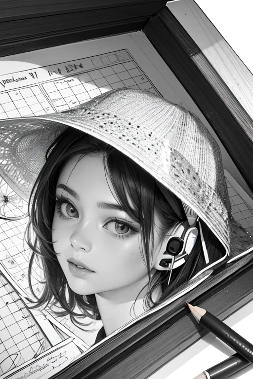 drawing by pencil,lies among the scribbled sheets,pencil marks,girls with earphone hatching and shading,best quality,ultra-detailed,realistic,studio lighting,portraits,vivid colors,warm color tones,soft and natural lighting