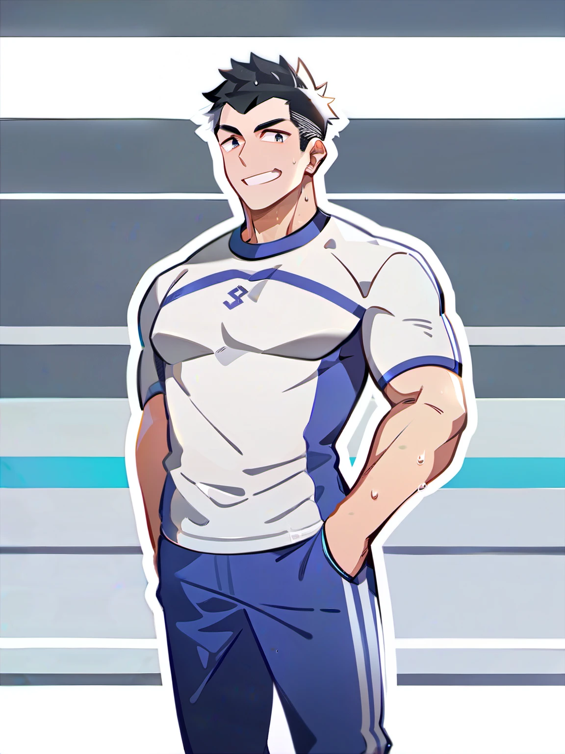 1boy, Concentrated male, drenched male, Standing, hands in pockets ,Bara, gray background, gym uniform, Wet shirt, sneakers, Shoes, Solo, Looking at viewer, frowning, Sweating smelly, very short hair , best quality , great quality , best aesthetic , ridiculous , 2024, photo details, background details, person details, fitness trainer, every detail LORA Hand 03 Installation method Banc Number of connecting wires Image mode High quality Chain size Advanced cam Advanced repair Send