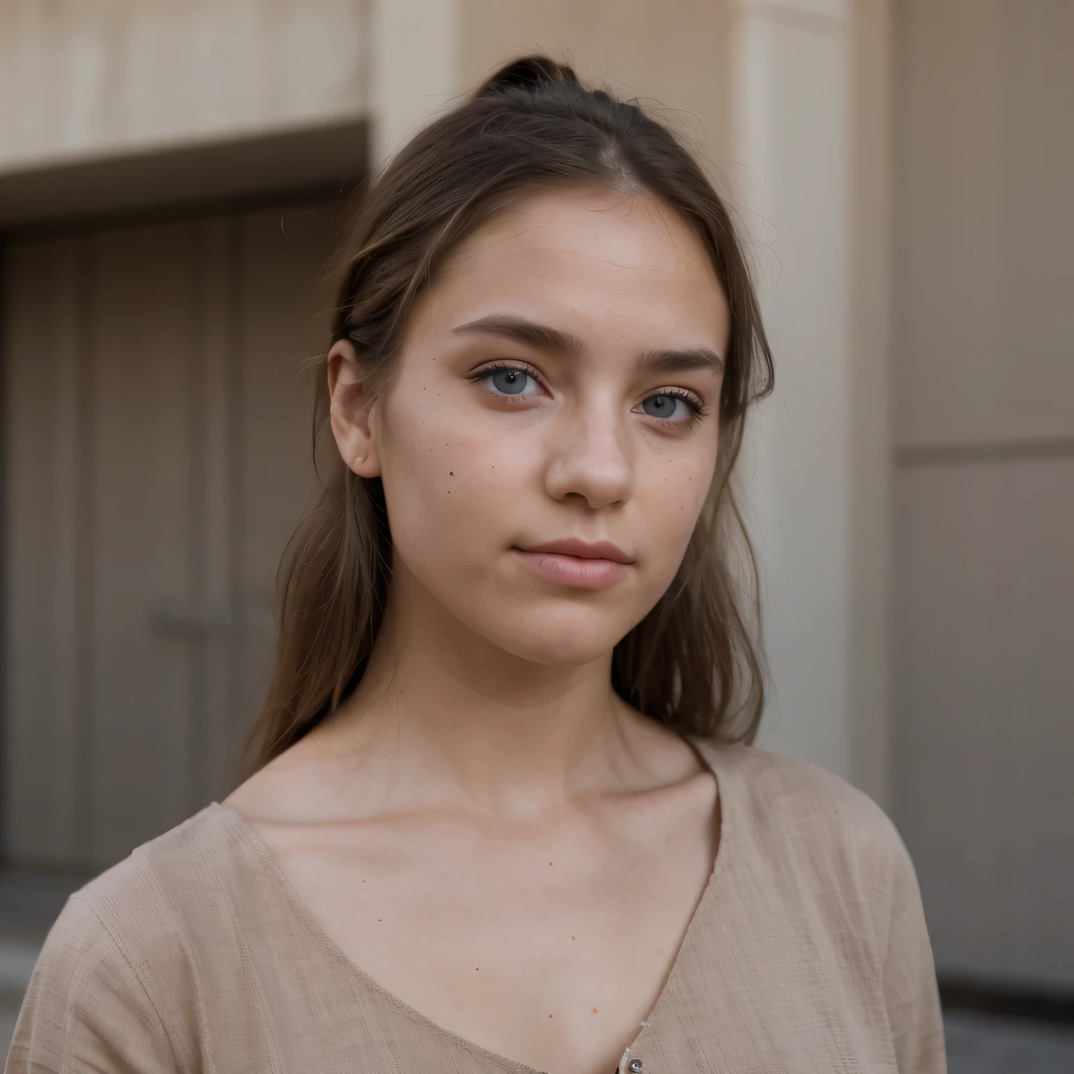 photo of a college student, in Desert Color Coarse Linen Pink,Desert Color Coarse Linen, (freckles:0.8) cute face, sci-fi, dystopian, detailed eyes, Heterochromia eyes（（Side view））