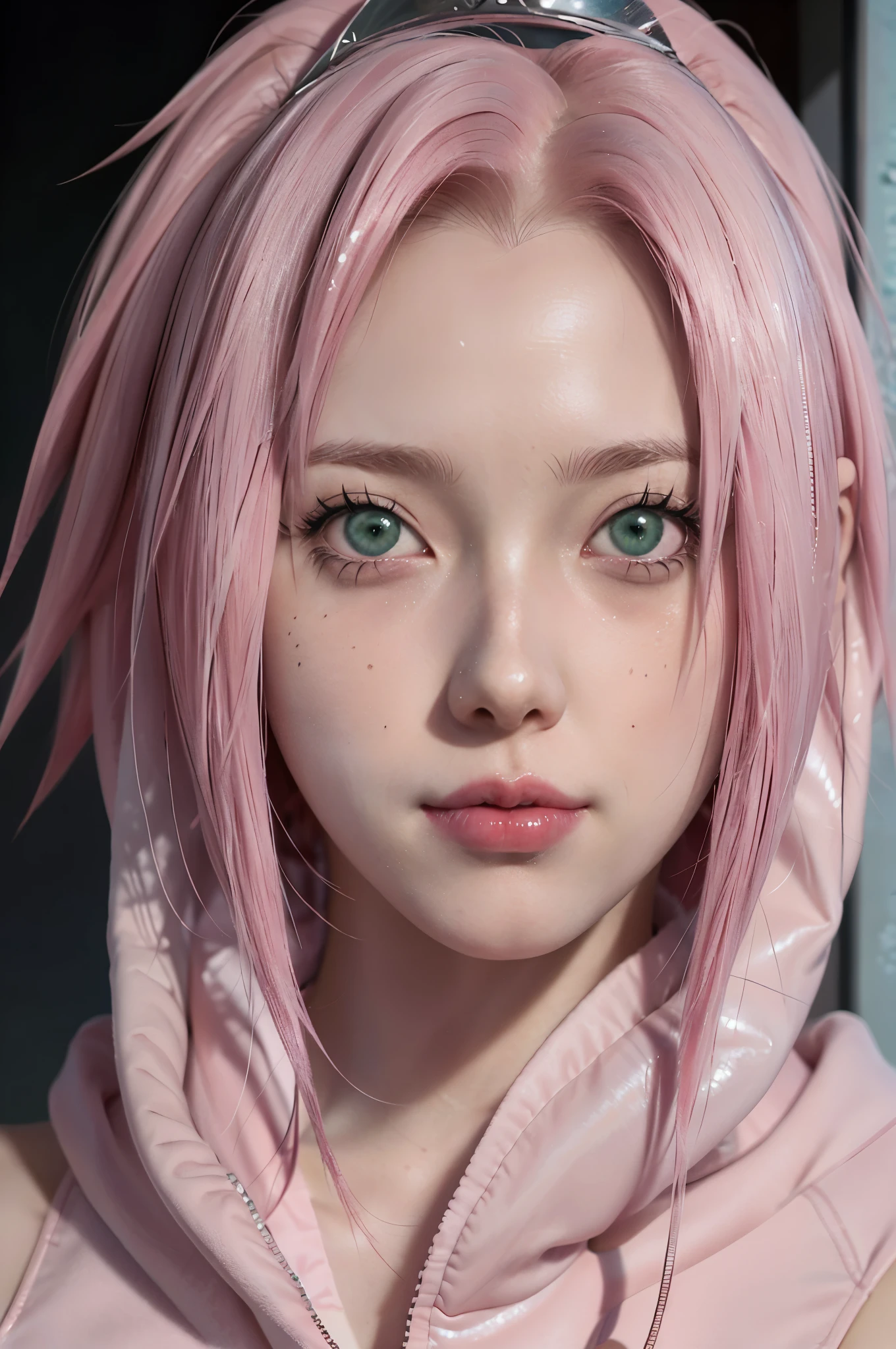 person with short hair and a hoodie, haruno sakura, haruno sakura from naruto, from naruto, as an anime character, perfect anime face, she has pink hair, female anime character, anime character, anime best girl, hime cut hairstyle, pink hair, (red glossy lips:1.3), light green eyes, smile,  (beautiful face:1.3), showing armpits, sweaty body