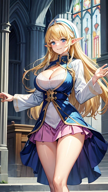 Cathedral、Elf、Blonde、clergyman、smile、Big Breasts、Very large breasts、Cleavage、Her underwear is visible、Very short skirt、Pink underwear