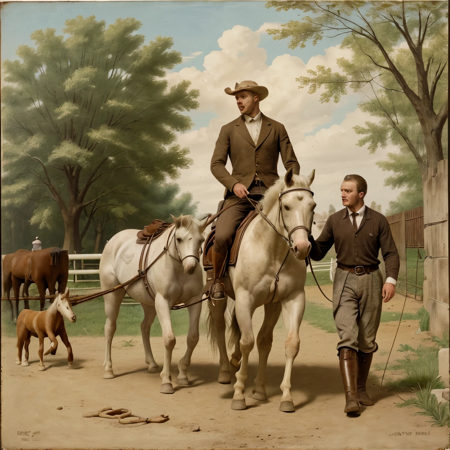 In a rural scene, a good woman is seen bathing her husband's white horse.