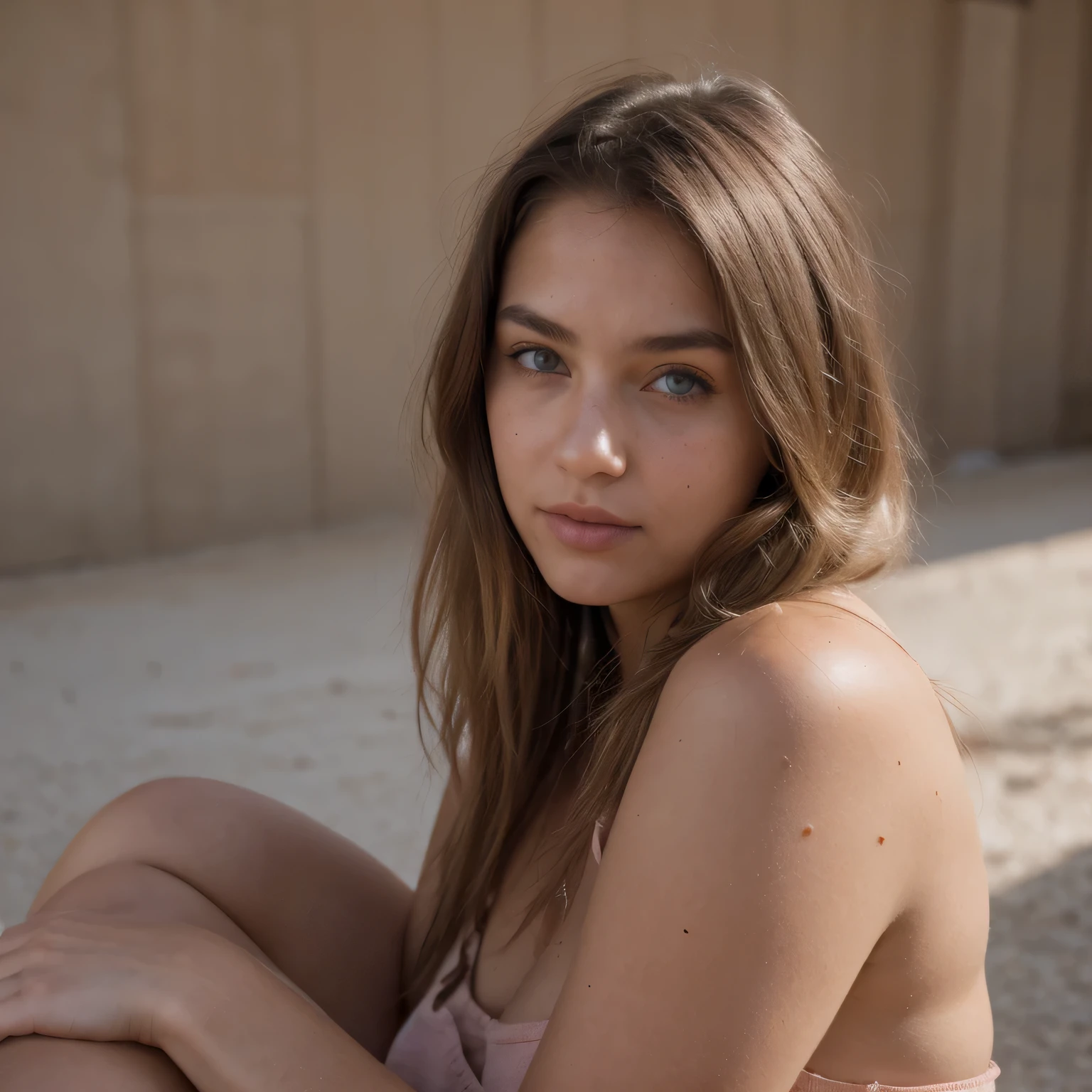 photo of a college student, in Desert Color Coarse Linen Pink,Desert Color Coarse Linen, (freckles:0.8) cute face, sci-fi, dystopian, detailed eyes, Heterochromia eyes（（Side view））