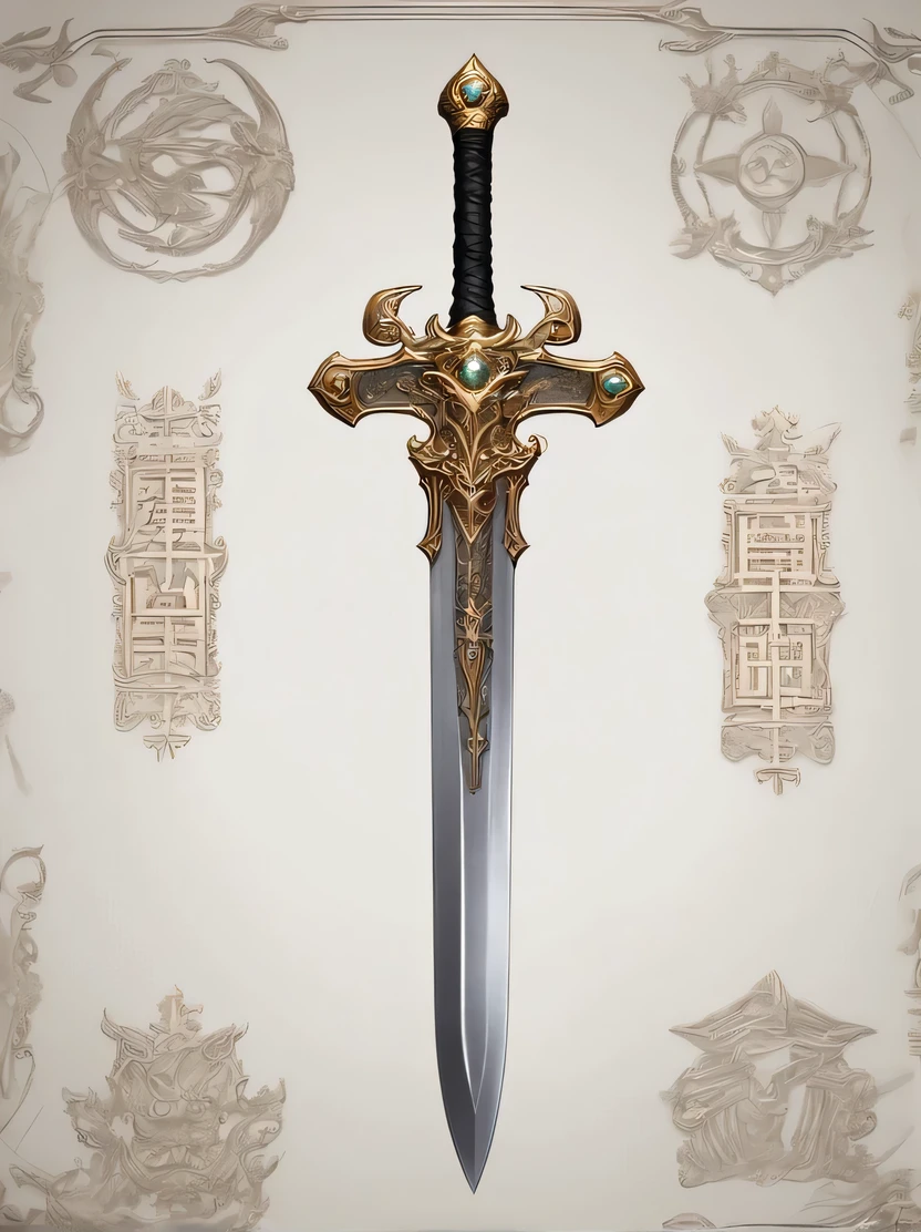 ((masterpiece、highest quality、Genuine、Very detailed、High resolution、Sharp focus、Photorealistic、Cinematic lighting))、((There are no people))、Fantasy RPG、Medieval Games、Game Icons、Black Background、(((Close-up of a sword)))、A sacred sword with golden decoration、Sword of Steel、Long and large sword、medieval sword、Double-handed sword、Silver Sword、Gems embedded in the handle、Medieval weapons、Game Art