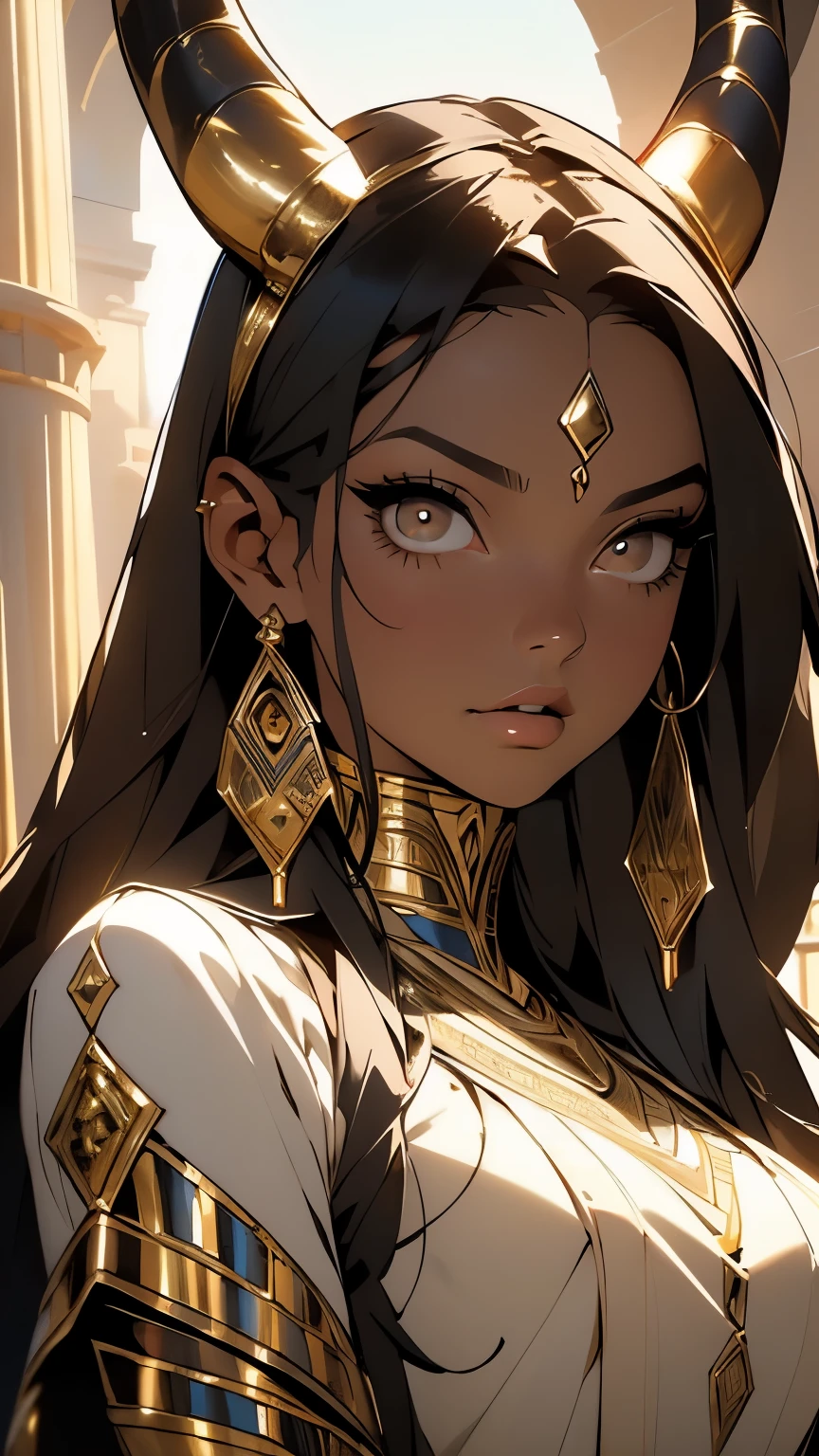 (masterpiece:1.2, best quality), (finely detailed beautiful eyes: 1.2), (finely detailed eyes and detailed face:1.3), (scenery :1.2), (extremely detailed CG, ultra-detailed, best shadow:1.1), ((depth of field)), beautiful concept illustration, (illustration:1.1), (extremely fine and beautiful:1.1), (perfect details:1.1), 1girl, sharp focus, black hair, light brown eyes, egyptian, wide hips, mature female, medium breasts, curvy, gold egyptian jewelry, royal gold, dark skin, ((devil girl)), [brown skin], [egyptian jewelry], ((brown skin)), (light brown eyes), ((horns)), [devil], (((white bikini top))), ((black hair)), (((1girl))), looking at camera, ((seductive)), ((intense stare))
