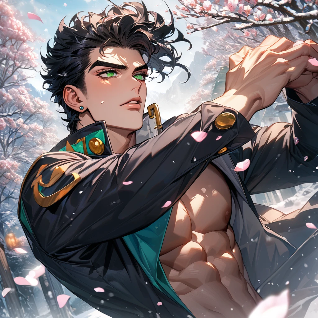 absurdres, highres, ultra detailed, HDR, masterpiece, extremely detailed face and eyes, Jotaro Kujo, black hair, expressive green eyes, jojo bizarre adventure, solo, sexy man, handsome, black basketball uniform, winter, blossoms, petals, snow, snowflakes