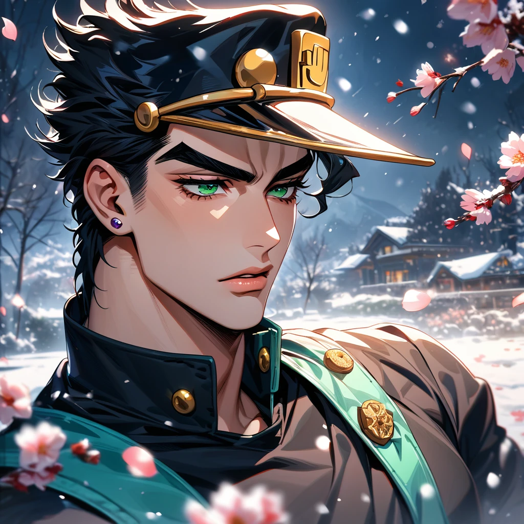 absurdres, highres, ultra detailed, HDR, masterpiece, extremely detailed face and eyes, Jotaro Kujo, black hair, expressive green eyes, jojo bizarre adventure, solo, sexy man, handsome, black basketball uniform, winter, blossoms, petals, snow, snowflakes