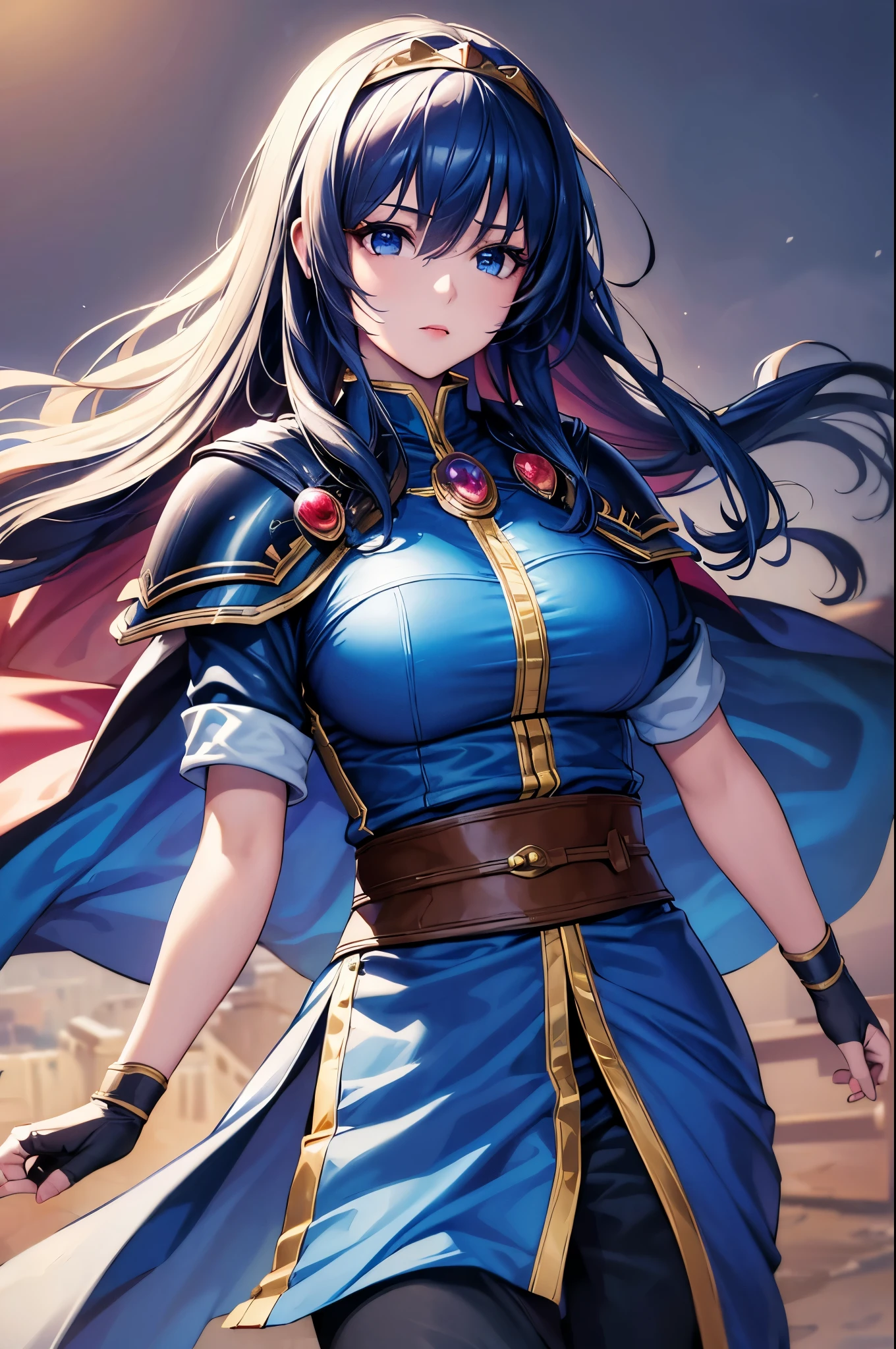 (masterpiece, best quality:1.2), expressive eyes, perfect face, highres,1girl, solo, (female:1.5), marth, long hair, tiara, cape, armor, blue tunic, fingerless gloves, belt, pants, boots, magical background, fantasy, medieval, standing, upper body, looking at the viewer