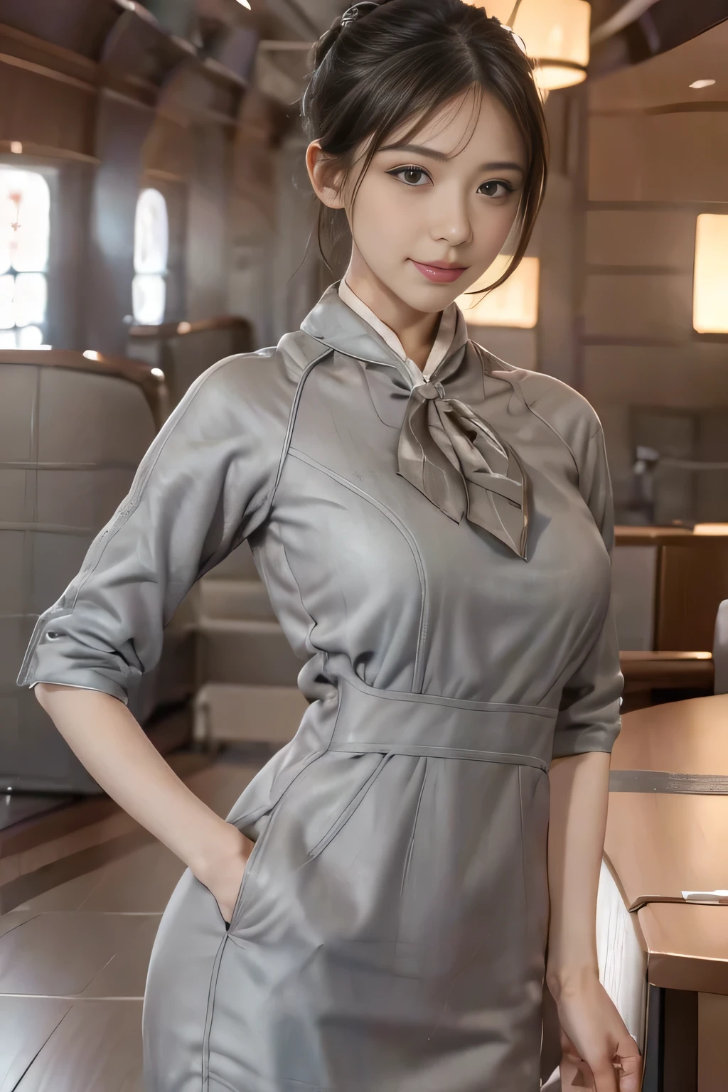 (masterpiece:1.2、highest quality:1.2)、32K HDR、High resolution、(alone、1 girl、Slim figure)、（Realistic style with Starlux Airlines uniform）、 (In the airport lounge, Professional Lighting)、A proper woman, Beautiful Face,、（Starlux Airlines silver uniform:1.4）、（Starlux Airlines silver uniform with short sleeves）、（scarf on chest）、Big Breasts、（Long hair updo、Evening updo）、Dark brown hair、Long Shot、（（Fine hand：2.0））、（（Harmonious body proportions：1.5））、（（Normal limbs：2.0））、（（Normal finger：2.0））、（（Delicate eyes：2.0））、（（Normal eyes：2.0））)、Beautiful standing posture