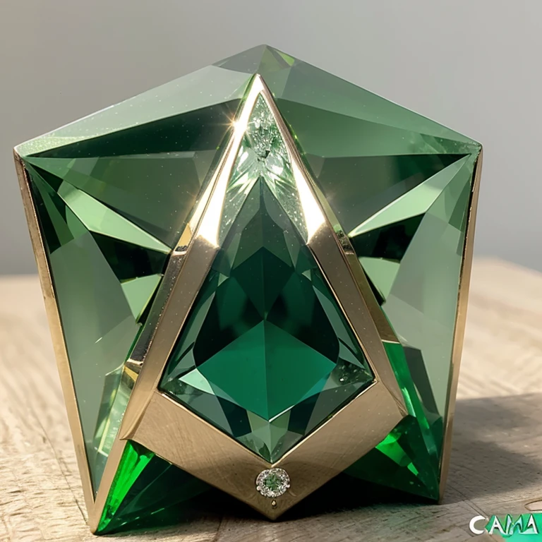 Crea un logo... The design consists of a triangle that acts as a base, on which a bright green diamond is placed. A cada lado del diamante hay una corona, symbolizing elegance and distinction and with letters on the base that say jewels and emeralds