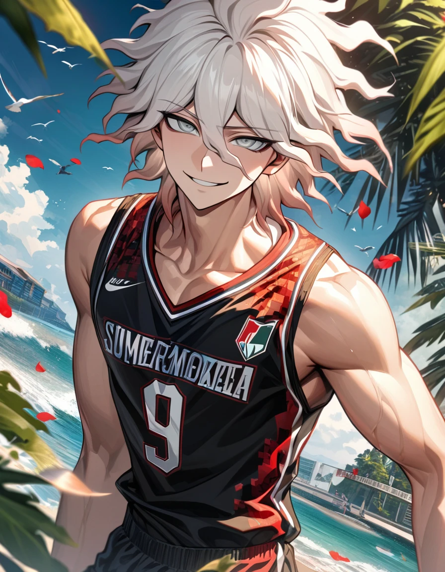 Ultra detailed, Highres, HDR, absurdres, Komaeda Nagito, white hair, expressive silver eyes, patterns, Danganronpa, black tight shirt, sexy man, handsome, solo, extremely detailed face and eyes, petals, green leaves, summer, birds, toned chest, master piece, basketball uniform, smirking