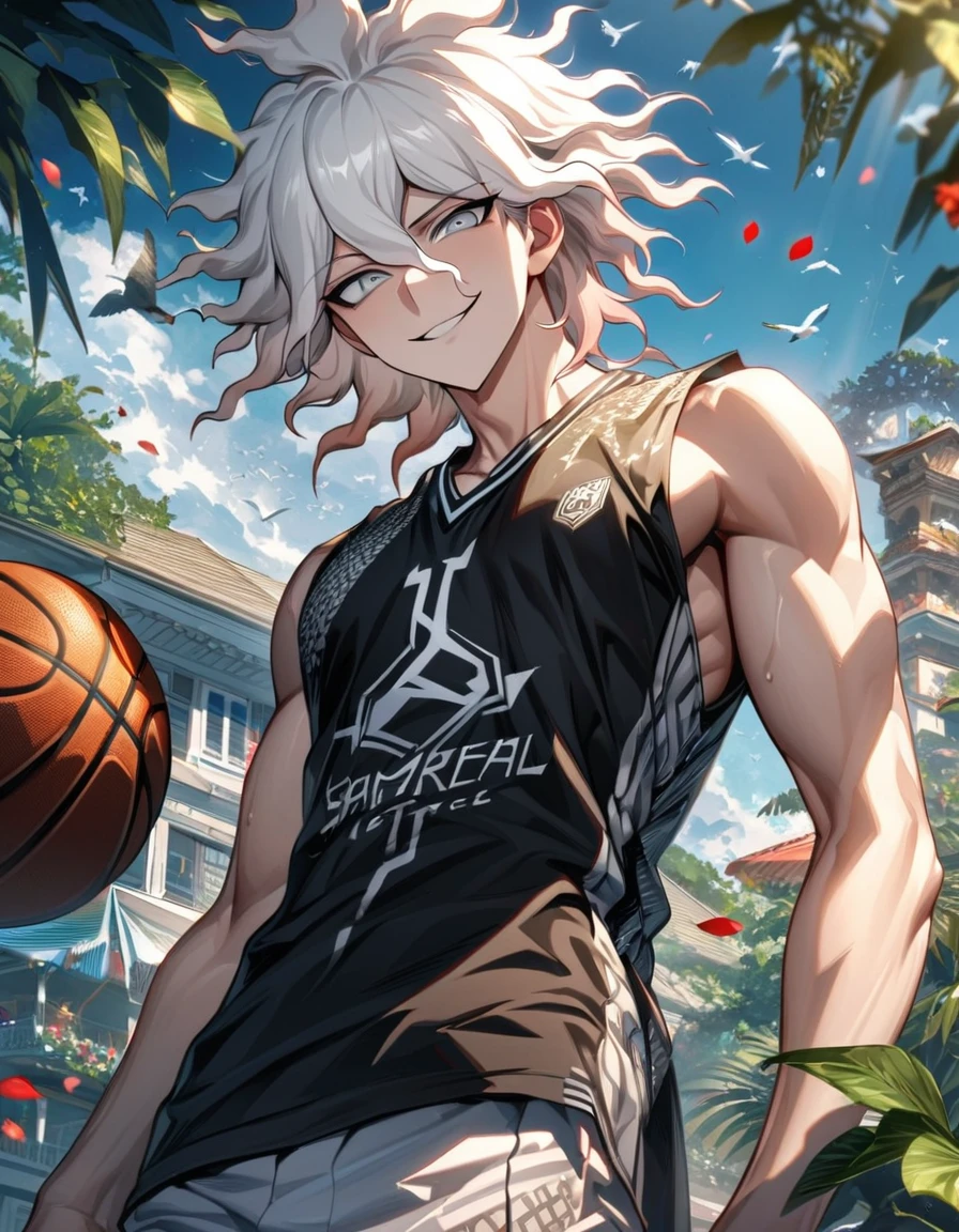 Ultra detailed, Highres, HDR, absurdres, Komaeda Nagito, white hair, expressive silver eyes, patterns, Danganronpa, black tight shirt, sexy man, handsome, solo, extremely detailed face and eyes, petals, green leaves, summer, birds, toned chest, master piece, basketball uniform, smirking