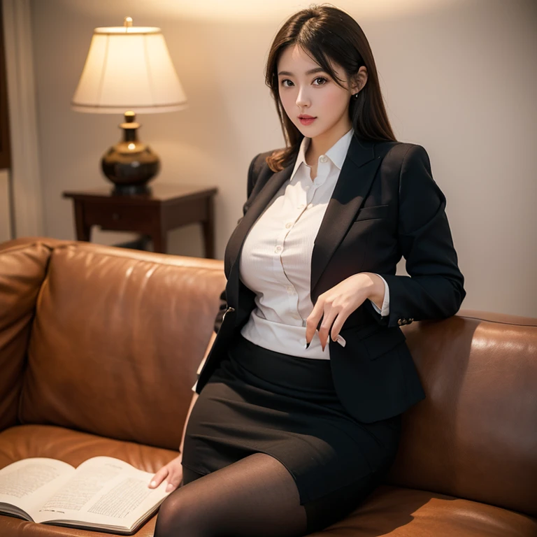 1 business woman, ((business suit, pencil skirt)),beautiful, smart, tights, huge breasts, voluptuous, thicc, curvy,(Looking at Viewer:1.3),(full body shot:1.2), (((Girl : show perfect body))), luxury living room, sofa, lamp, flower, blur background.
