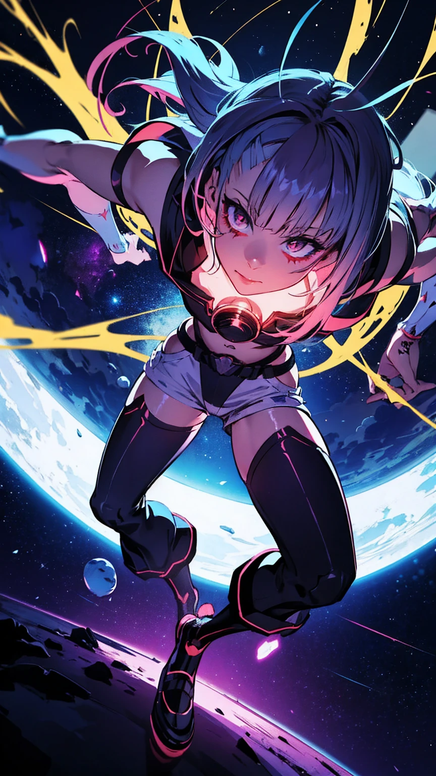 Create a work with the theme of phonk music, anime style, Magic, space, Terror, Malice, 4k, super detailed!
