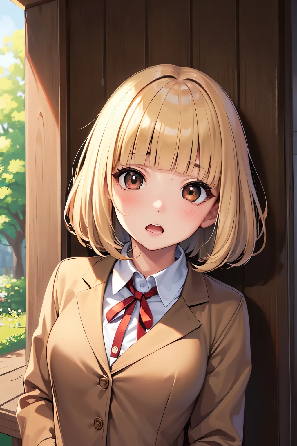 Surprised expression, wide eyes, surprised face, strange face, open mouth, face enhancement, beautiful face, brightening cheeks, looking at viewer, surprised expression, (masterpiece, highest quality, details), 1 girl, solo , outdoor, upper body, eyelashes, Midorikawa Hana, brown jacket, neck ribbon, collared shirt,