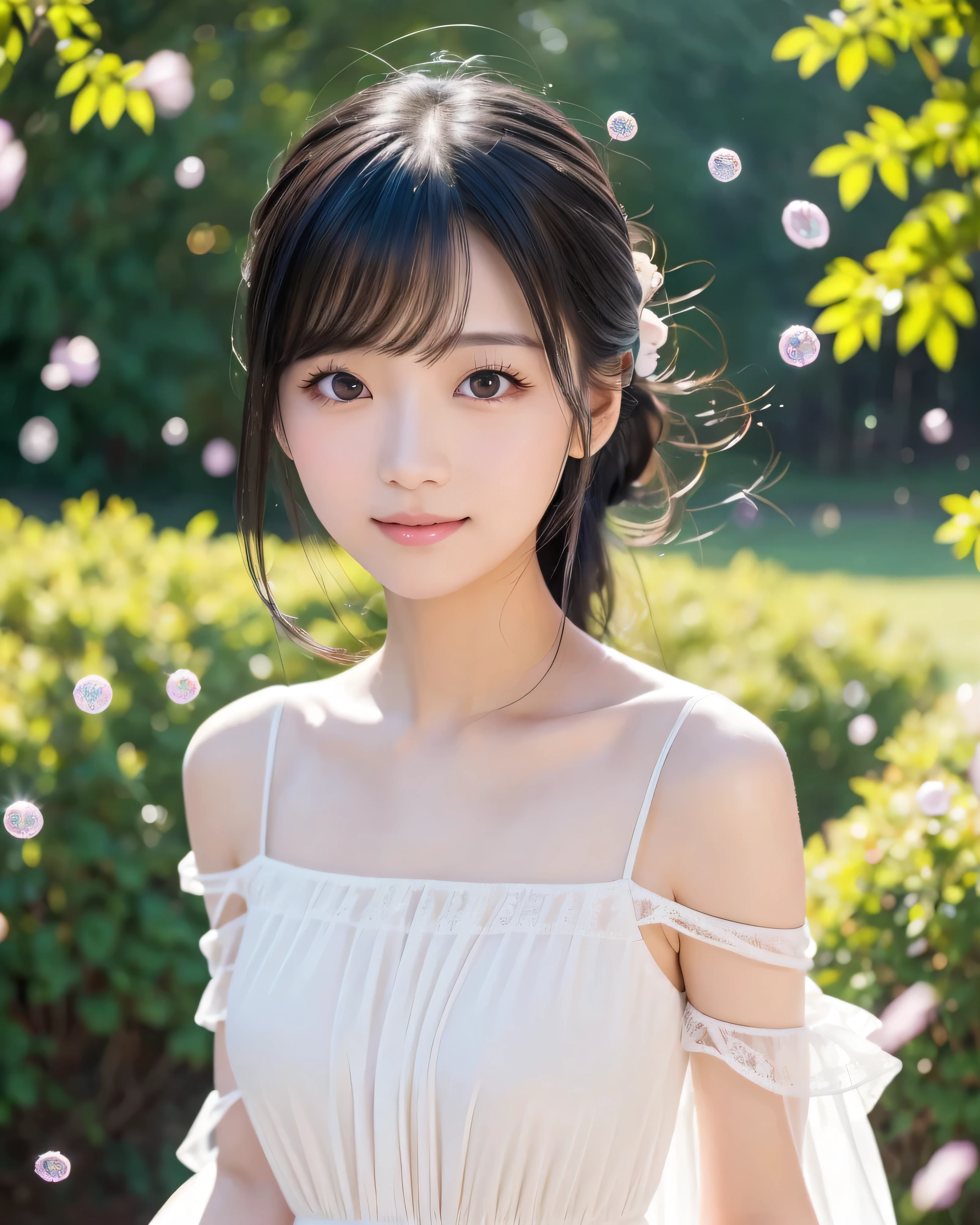 (highest quality, 32k, High resolution, Masterpiece:1.5, ), marimo_jet, Memorable photographs in an abstract style, ((In a swirl of fantastic pastel colors and soft light)), Evoking a sense of calm and elusive beauty, Very rich emotional expression, Have a rich imagination, Cute Japanese Girls, whole body, Unexpected angle, An exceptionally beautiful face, Magical big eyes, A gentle smile, Motherhood and generosity, Overflowing affection, ((Shiny black hair)), Ponytail swaying in the wind, Asymmetrical bangs, Hair between the eyes, Transparent and soft white skin, Neat, thin eyebrows, double eyelid, Detailed pale pink lips, ((white see-through dress)), Off the shoulder, High resolution perfect collarbone, High resolution beautiful bust, Slender body with ample breasts, High resolutionの美しい太もも, Soft sunlight, (Colorful sparkling light particles:1.3)Professional Lighting, Professional Photographer, Professional Model,mysterious