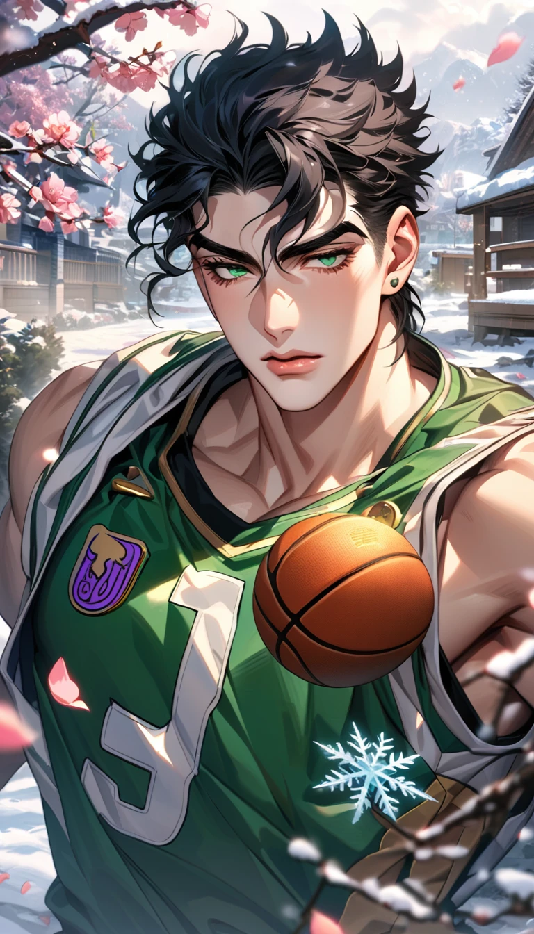 absurdres, highres, ultra detailed, HDR, masterpiece, extremely detailed face and eyes, Jotaro Kujo, black hair, expressive green eyes, jojo bizarre adventure, solo, sexy man, handsome, basketball uniform, winter, blossoms, petals, snow, snowflakes