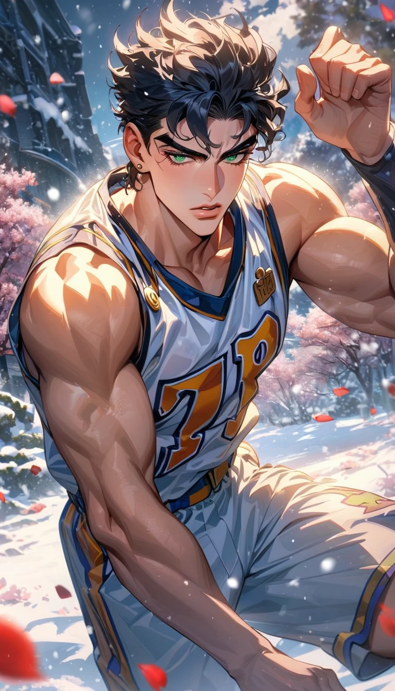 absurdres, highres, ultra detailed, HDR, masterpiece, extremely detailed face and eyes, Jotaro Kujo, black hair, expressive green eyes, jojo bizarre adventure, solo, sexy man, handsome, basketball uniform, winter, blossoms, petals, snow, snowflakes