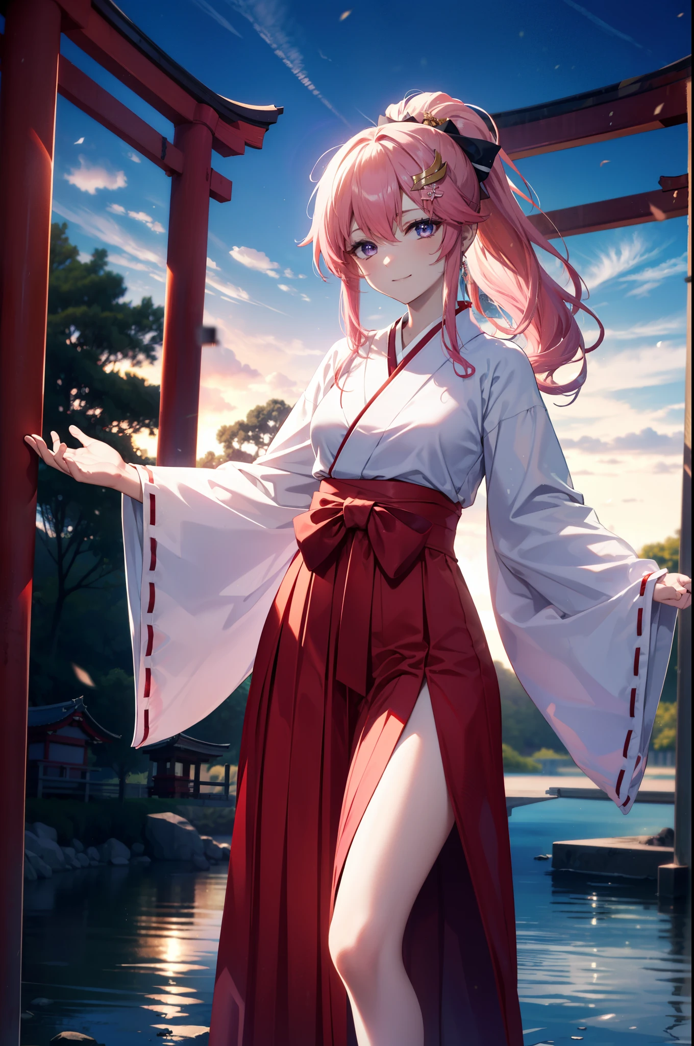 Lacas Klein, Klein Lake, (Purple eyes:1.1), hair ornaments, Long Hair, wave hair ornaments, Pink Hair, smile,Platycodon grandiflorum,Miko, White Kimono,Red Hakama ,White tabi,Sandals,kimono, As with the skirt, Wide sleeves, Long sleeve,Ribbon-trimmed sleeves,  Low ponytail, Daytime,Clear skies,
Watching the audience, Are standing,
break looking at viewer, (Cowboy Shot:1.5),
break outdoors,shrine,torii,
break (masterpiece:1.2), highest quality, High resolution, unity 8k wallpaper, (figure:0.8), (Beautiful fine details:1.6), Highly detailed face, Perfect lighting, Highly detailed CG, (Perfect hands, Perfect Anatomy),