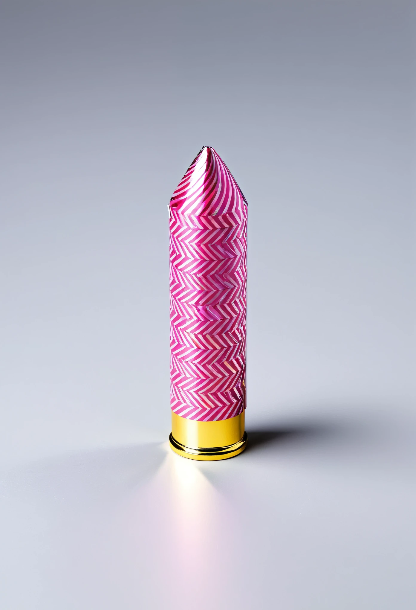 Picture a ballistic ammunition transformed into a delectable treat, wrapped in candy-like paper. The bullet's head gleams with a metallic coating, suggesting its lethal power, while the rest of its body is encased in colorful, shiny paper, as if straight out of a candy store. The candy wrapper is adorned with vibrant stripes and swirl patterns in shades of pink, blue, and yellow, reminiscent of classic confectionery delights. Light dances off the glossy surfaces, creating a sparkling, enticing effect. Even in its ammunition form, this bullet resembles more of an eye-candy than a threat, with its sweet aesthetic crafting a uniquely charming appearance.