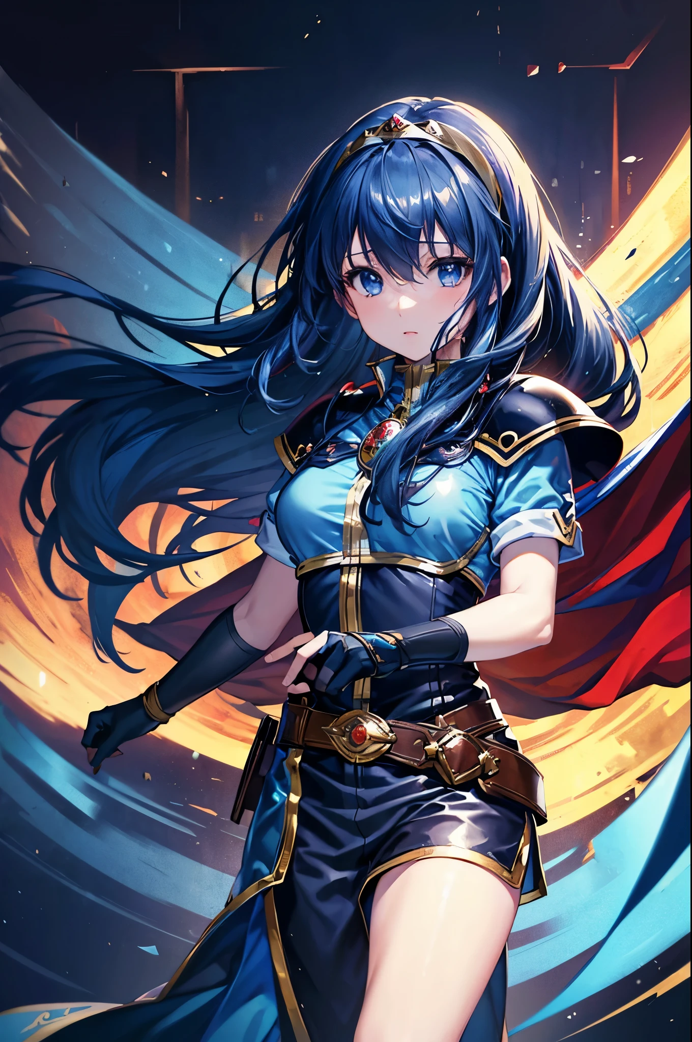 (masterpiece, best quality:1.2), expressive eyes, perfect face, highres,1girl, solo, (female:1.5), marth, long hair, tiara, cape, armor, blue tunic, fingerless gloves, belt, pants, boots, magical background, fantasy, medieval, standing, upper body, looking at the viewer