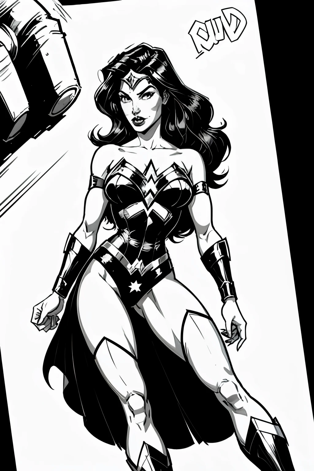 wonder wonder woman by steve - jones, portrait of wonder woman, wonder woman, dc comics art style, retro line art, black on white line art, vector line art, black ink line art, black and white line art, inked digital, vector ink drawing, comic book drawing, comic pinup style, intense line art, extremely fine ink lineart, dc comics style, full body