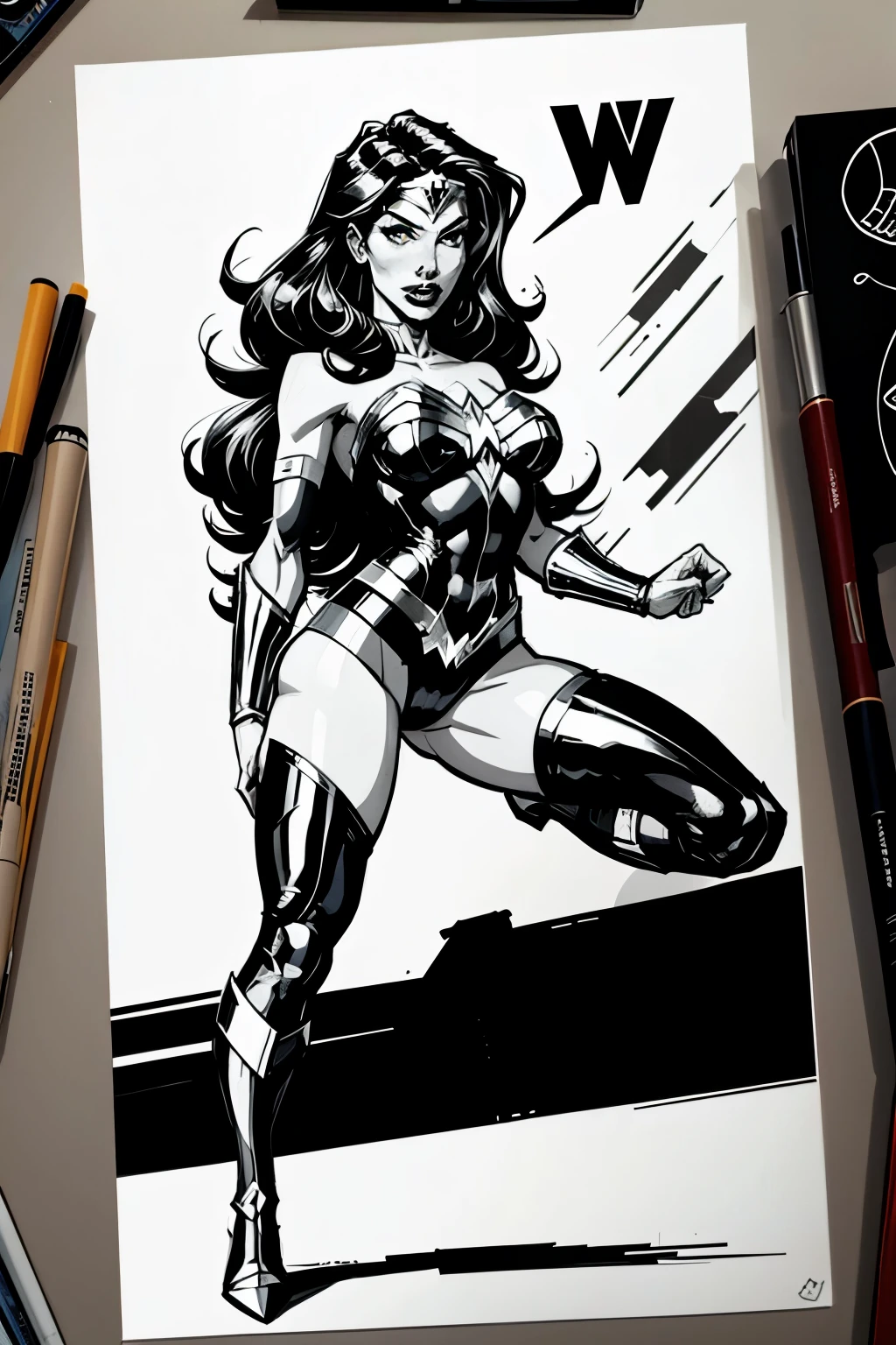 wonder wonder woman by steve - jones, portrait of wonder woman, wonder woman, dc comics art style, retro line art, black on white line art, vector line art, black ink line art, black and white line art, inked digital, vector ink drawing, comic book drawing, comic pinup style, intense line art, extremely fine ink lineart, dc comics style, full body