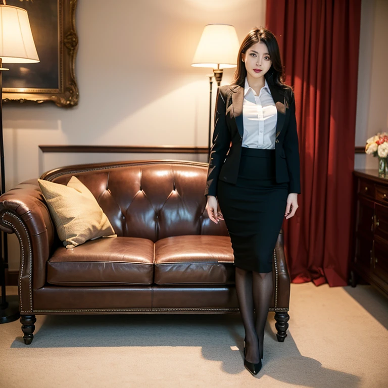1 business woman,standing ((business suit, pencil skirt)),beautiful, smart, tights, huge breasts, voluptuous, thicc, curvy,(Looking at Viewer:1.3),(full body shot:1.2), (((Girl : show perfect body))), luxury living room, sofa, lamp, flower, blur background. 
