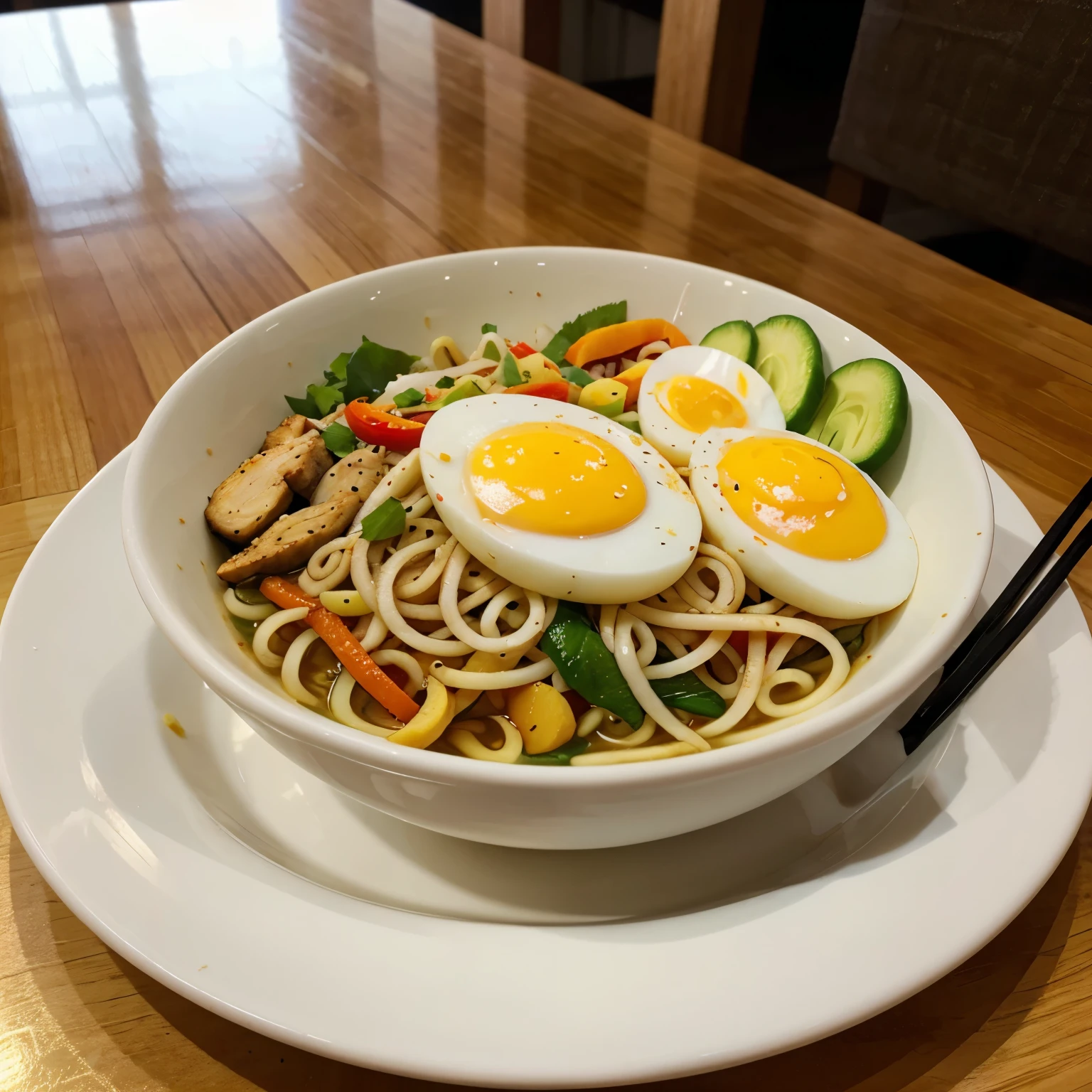 Vietnam noodle, a noodle bowl on the table include chicken ,boil eggs , chili,vegetables,lemons