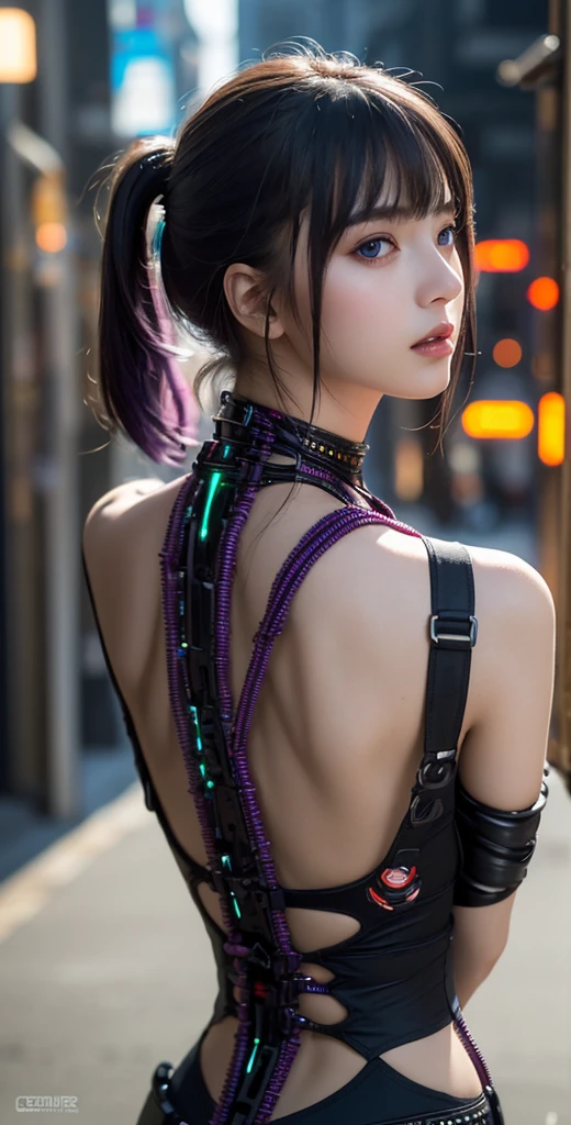 top quality, masterpiece, Ultra-high resolution, (Reality: 1.4), original photo, 1 cyberpunk girl, purple Hair, Smooth skin, 1.mechanical girl, Depth of field focus f/2.8, (Ultra-realistic details)), contrast, shadow, Octane Rendering, 8k, Extremely sharp, Cleavage exposed, Rawhide, Metal, Exquisite decorative details, Japan Details, Very intricate details, realistic light, CGSoation trends, face camera, Neon details, Mechanical limbs, blood vessels connected to tubes, A mechanical vertebrae attached to the back, Mechanical neck fixation device, Wires and cables to the head, Gundam, Small LED lights.