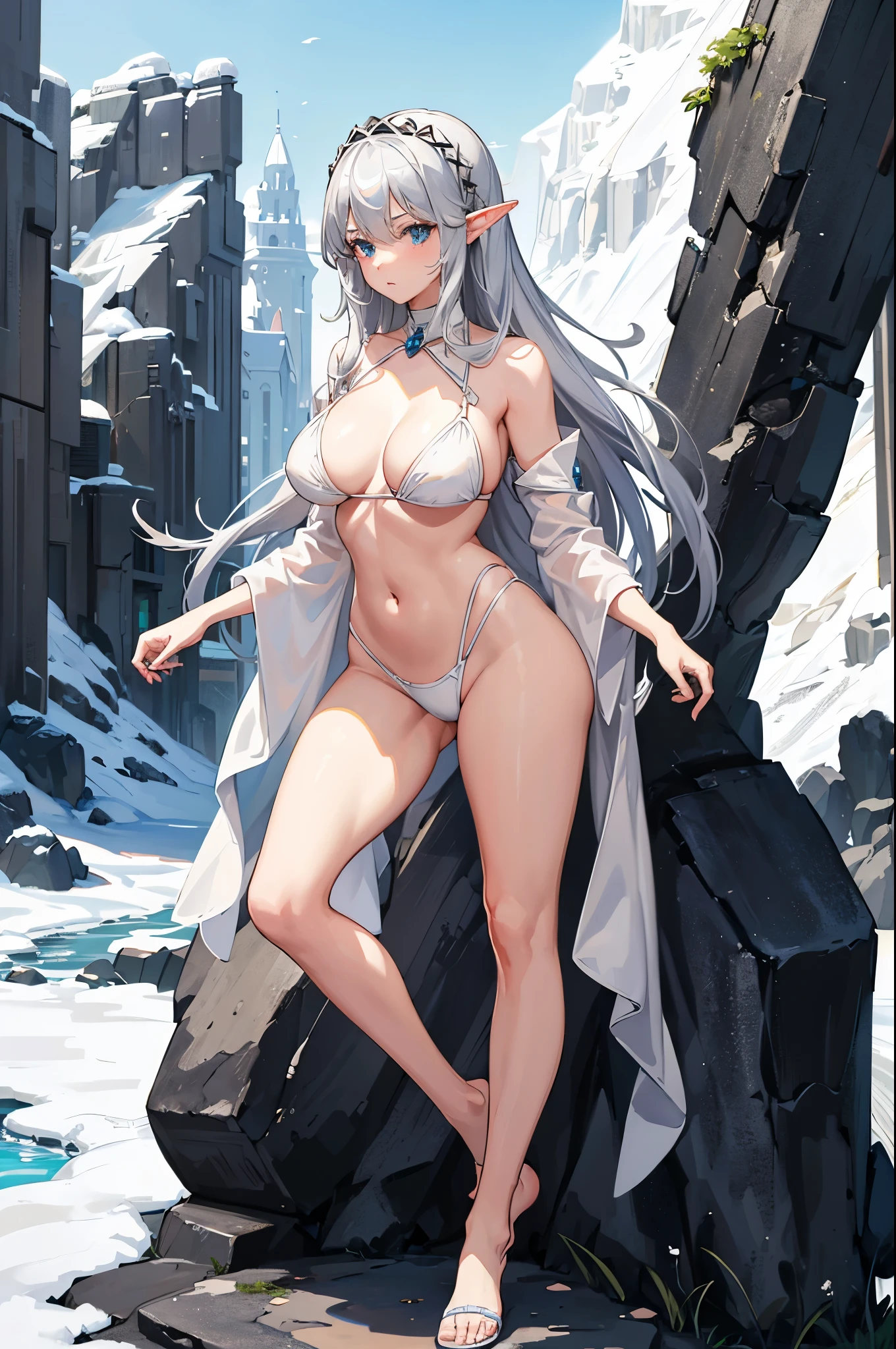 1woman, elf, silver hair, white bikini, standing on ground, high res, ultra sharp, 8K, masterpiece