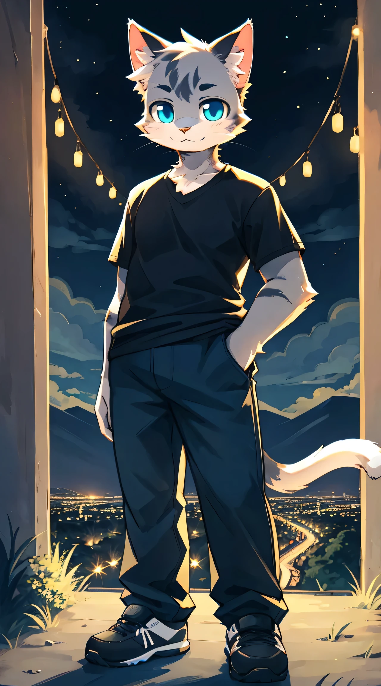 a full body, anthropomorphic old adult cat wearing a shirt, pants, cute face , posing for a picture in a hill at night with a city in the far distance